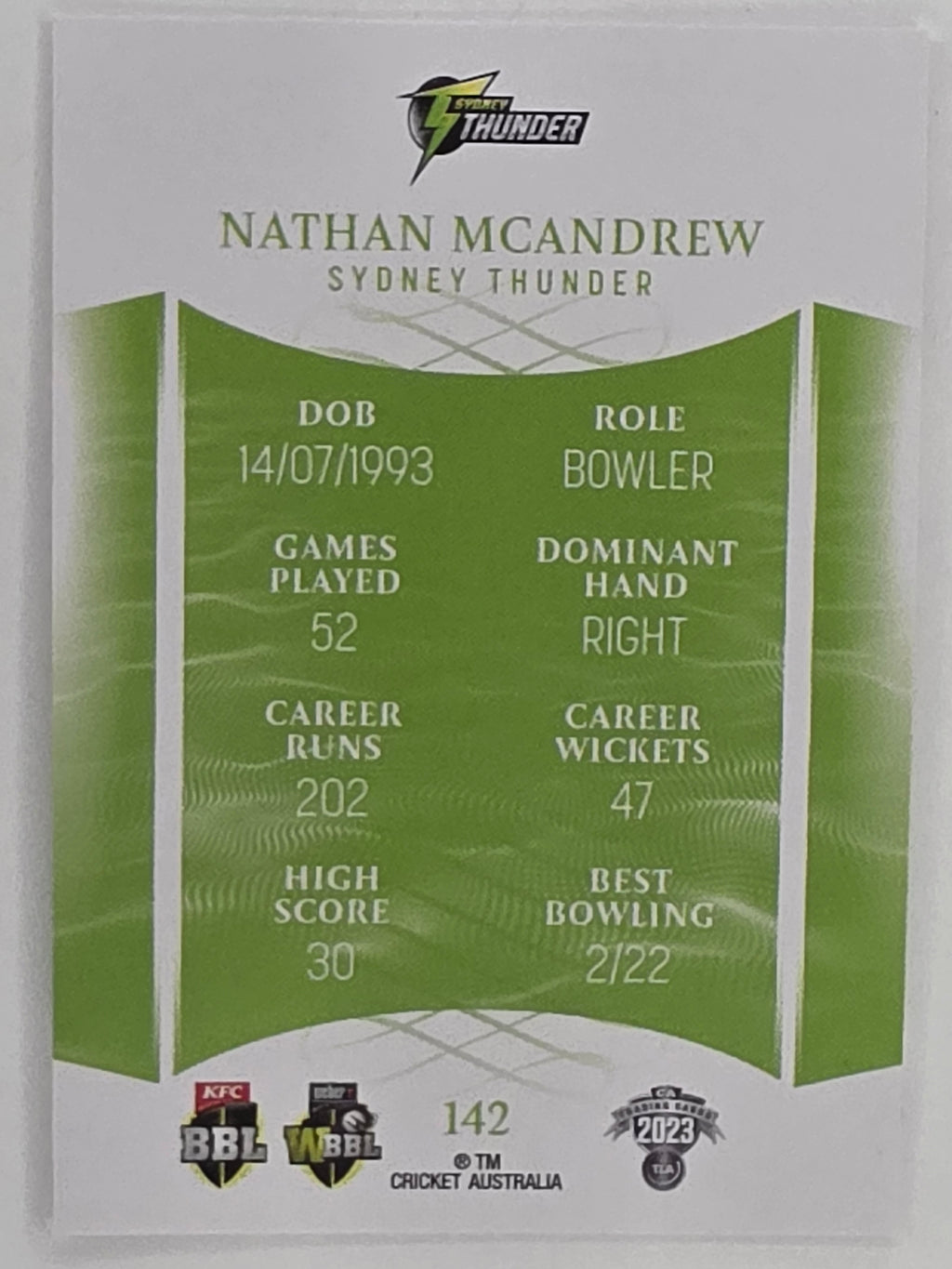 2023/24 Cricket Traders Base Card #142 Nathan McAndrew Sydney Thunder