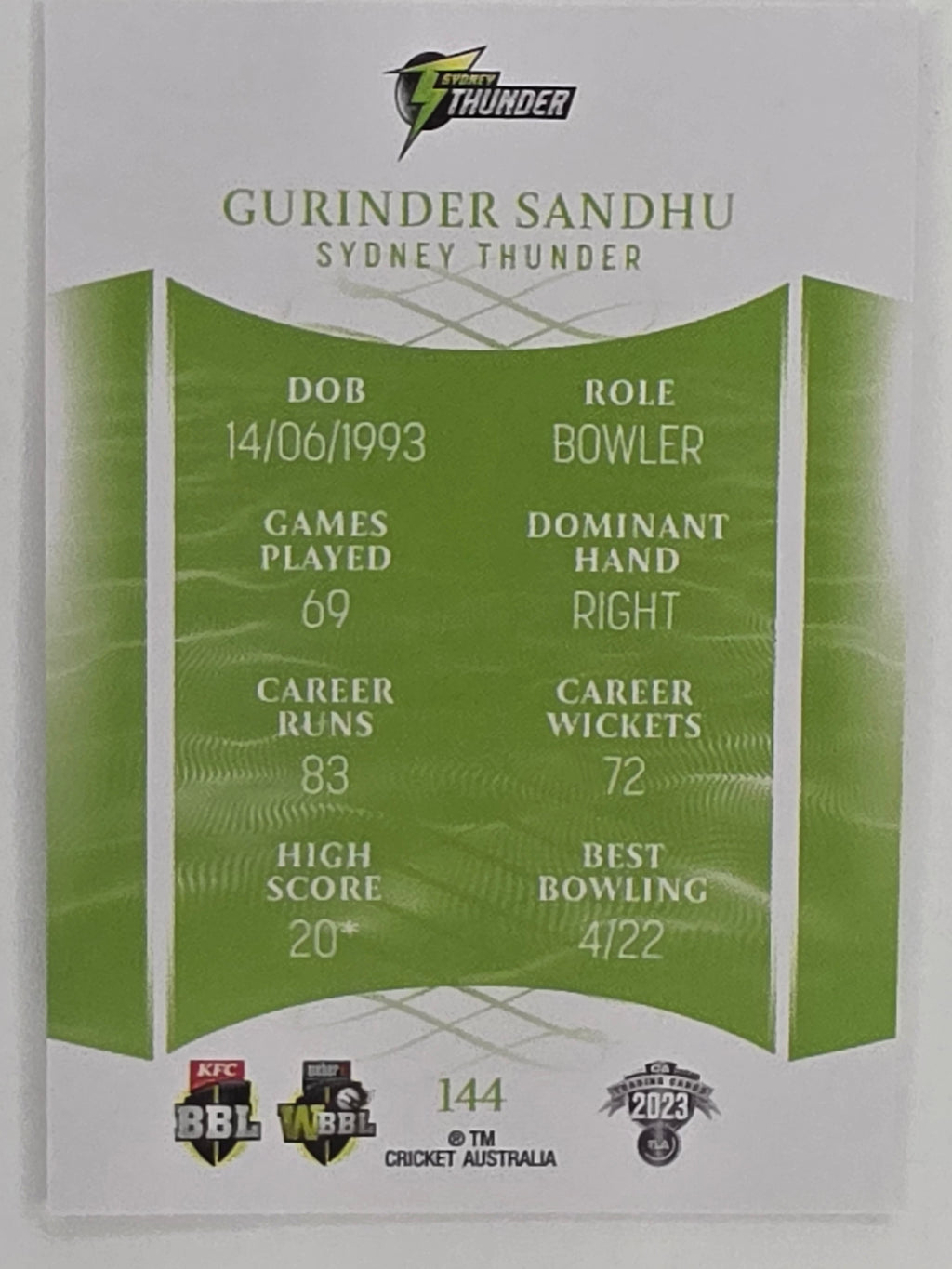 2023/24 Cricket Traders Base Card #144 Gurinder Sandhu Sydney Thunder