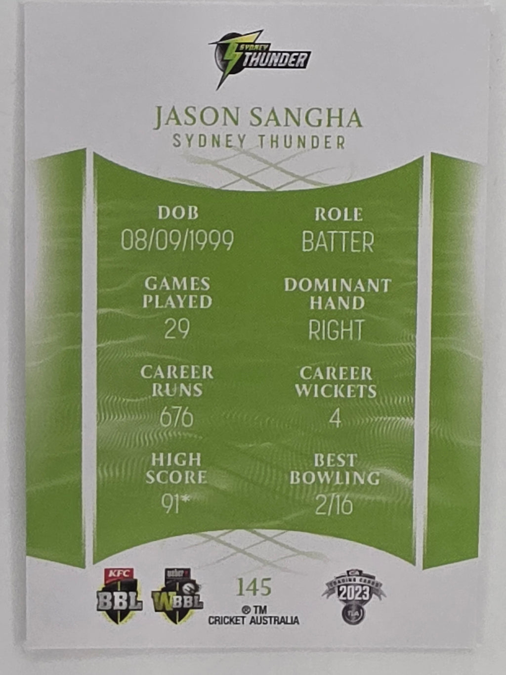 2023/24 Cricket Traders Base Card #145 Jason Sangha Sydney Thunder