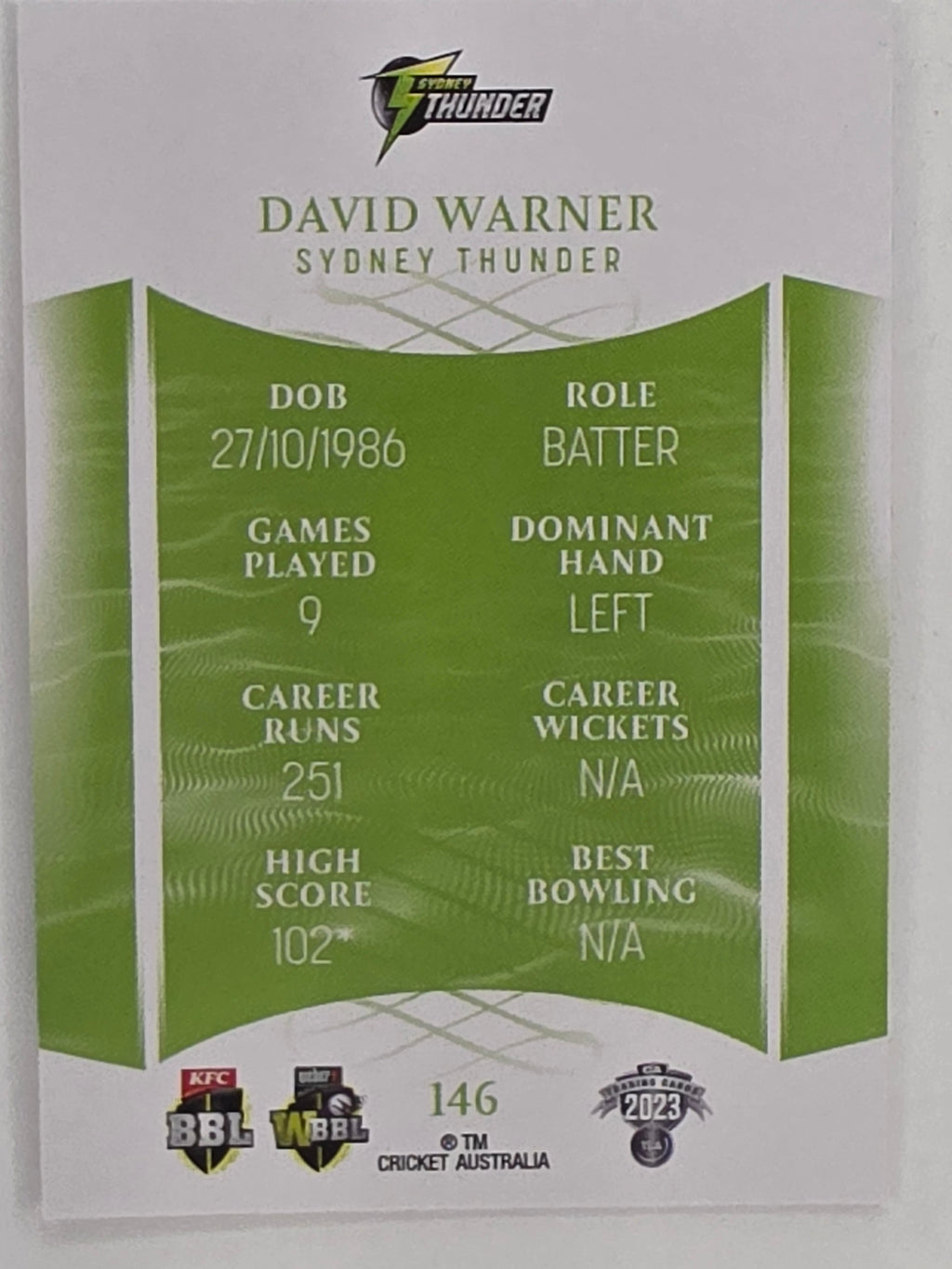 2023/24 Cricket Traders Base Card #146 David Warner Sydney Thunder