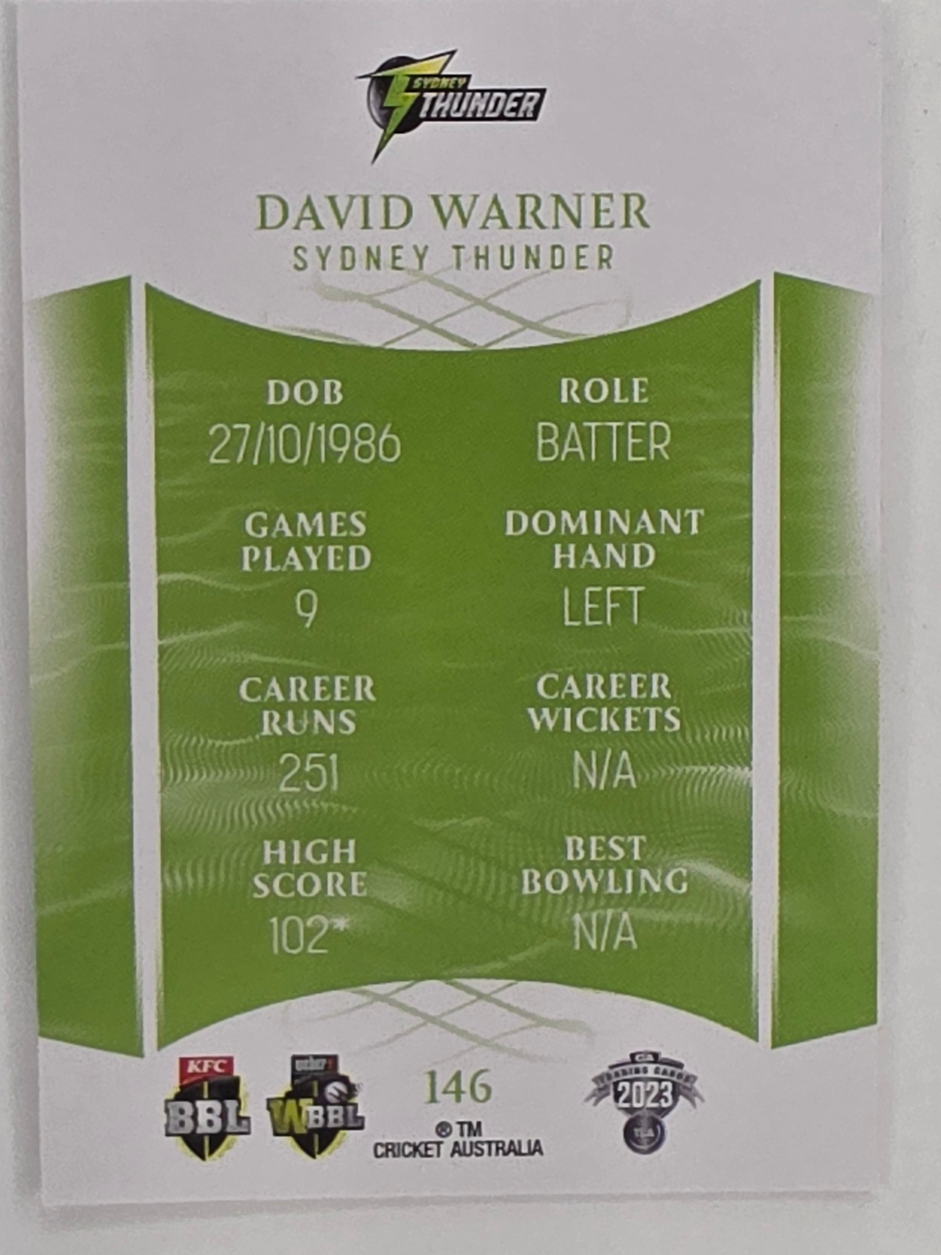 2023/24 Cricket Traders Base Card #146 David Warner Sydney Thunder