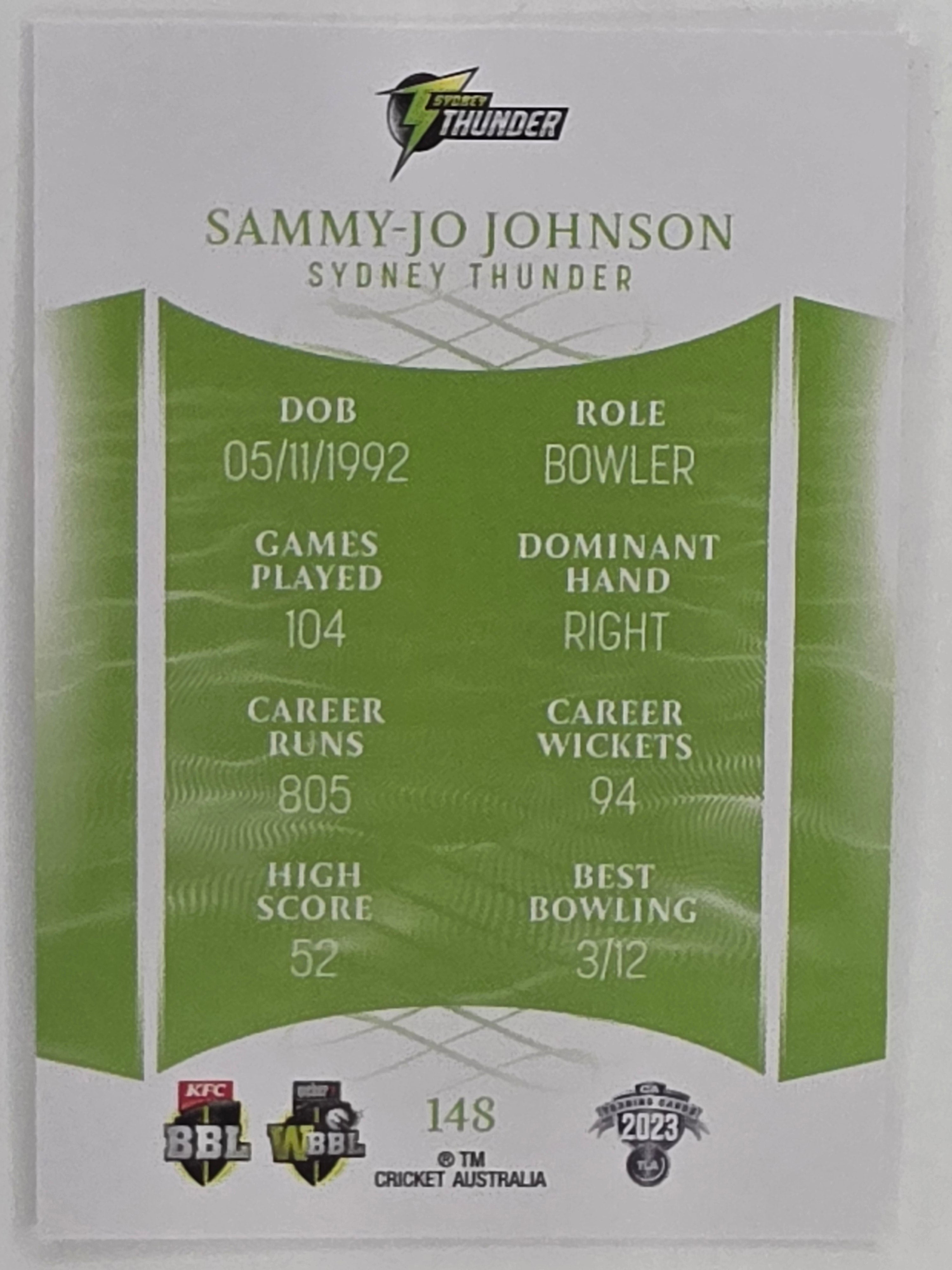 2023/24 Cricket Traders Base Card #148 Sammy-Jo Johnson Sydney Thunder WBBL