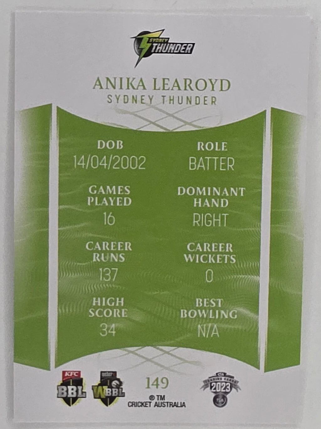 2023/24 Cricket Traders Base Card #149 Anika Learoyd Sydney Thunder WBBL