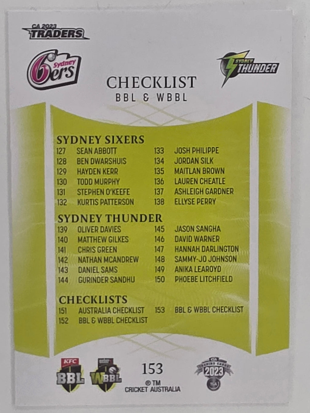 2023/24 Cricket Traders Base Card #153 BBL & WBBL Checklist