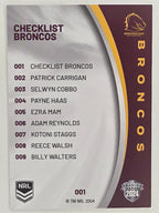 NRL 2024 Elite Base Card #001 Broncos Checklist Brisbane Broncos