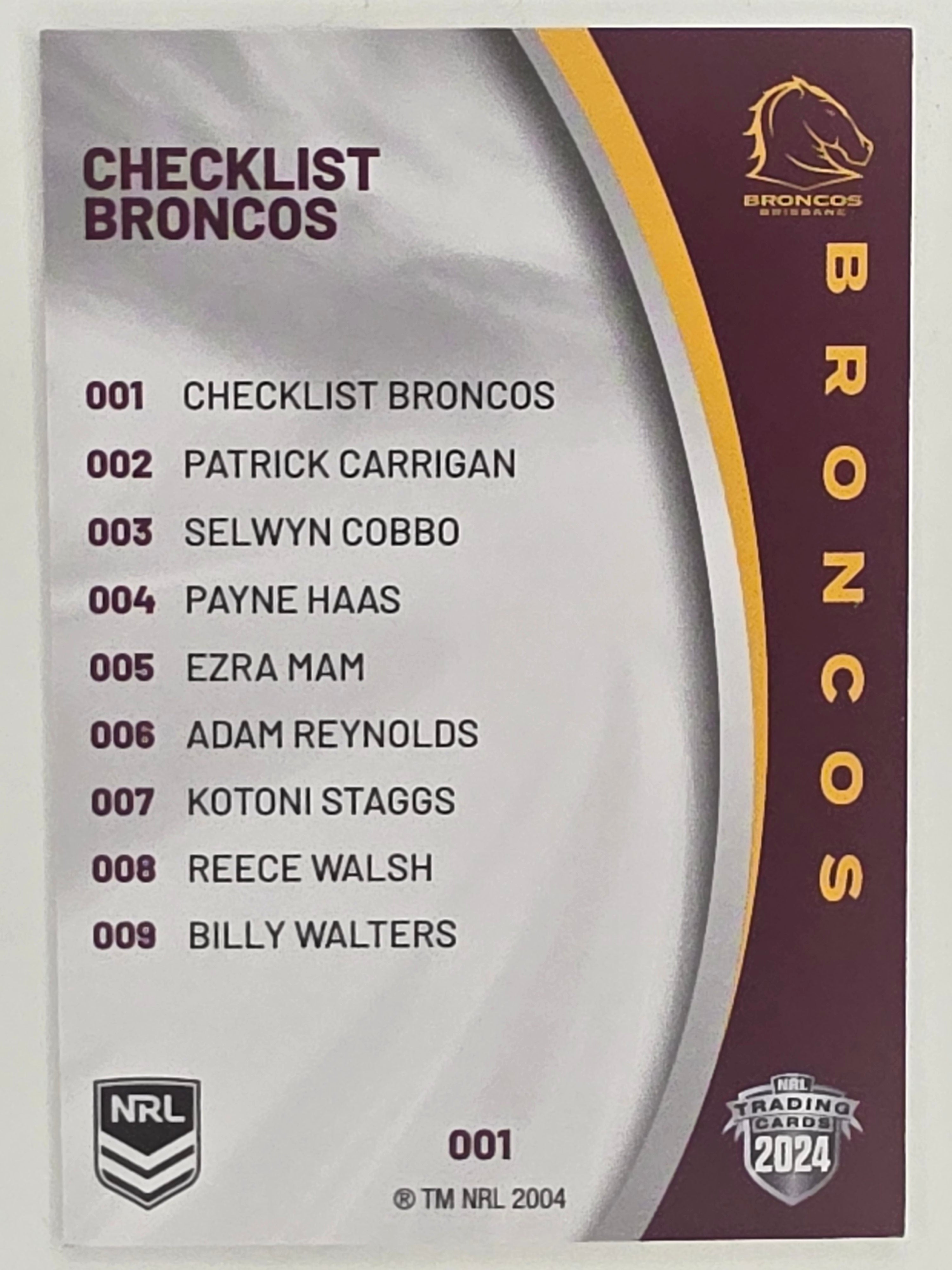 NRL 2024 Elite Base Card #001 Broncos Checklist Brisbane Broncos
