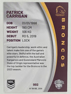 NRL 2024 Elite Base Card #002 Patrick Carrigan Brisbane Broncos
