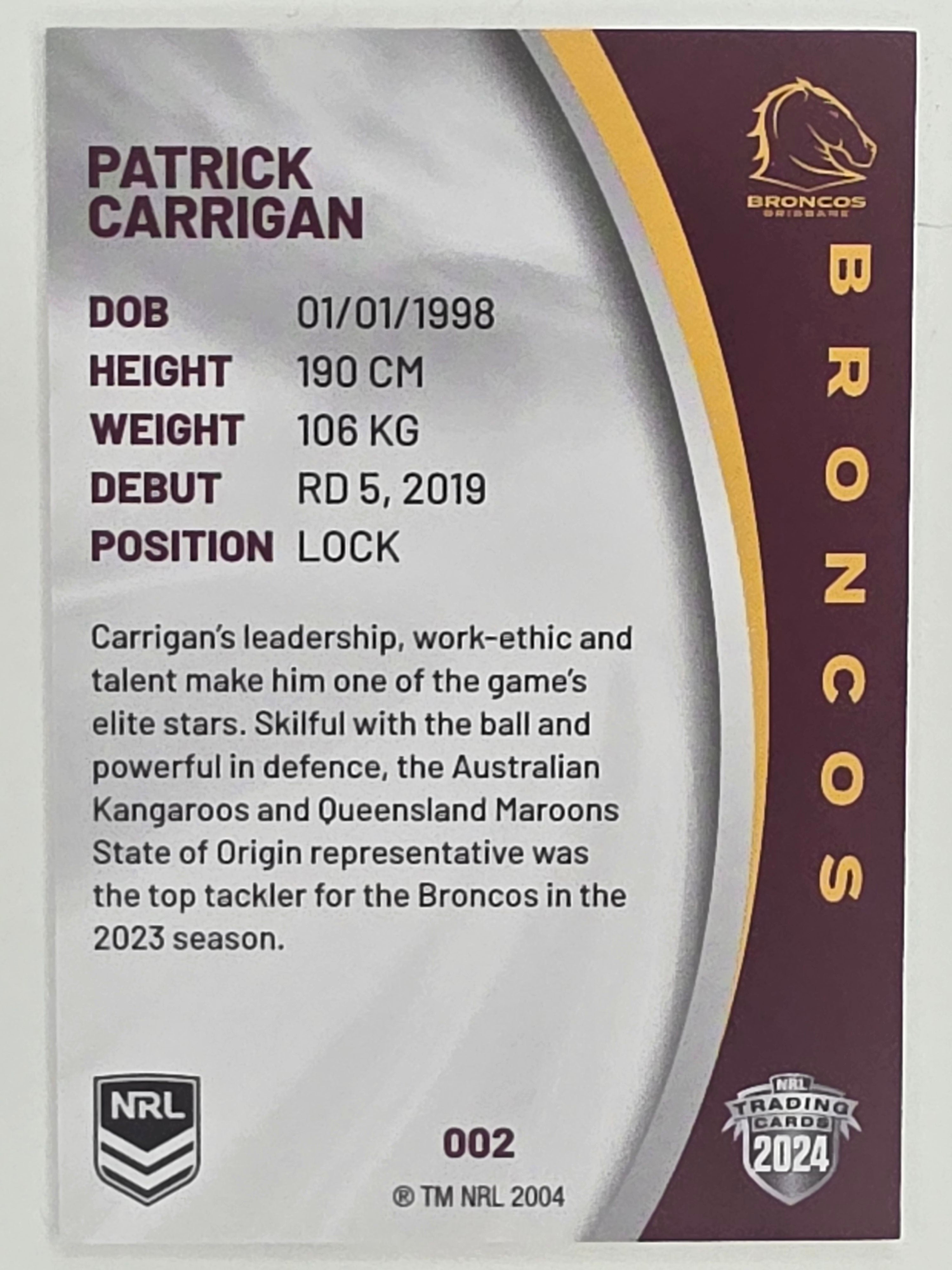 NRL 2024 Elite Base Card #002 Patrick Carrigan Brisbane Broncos