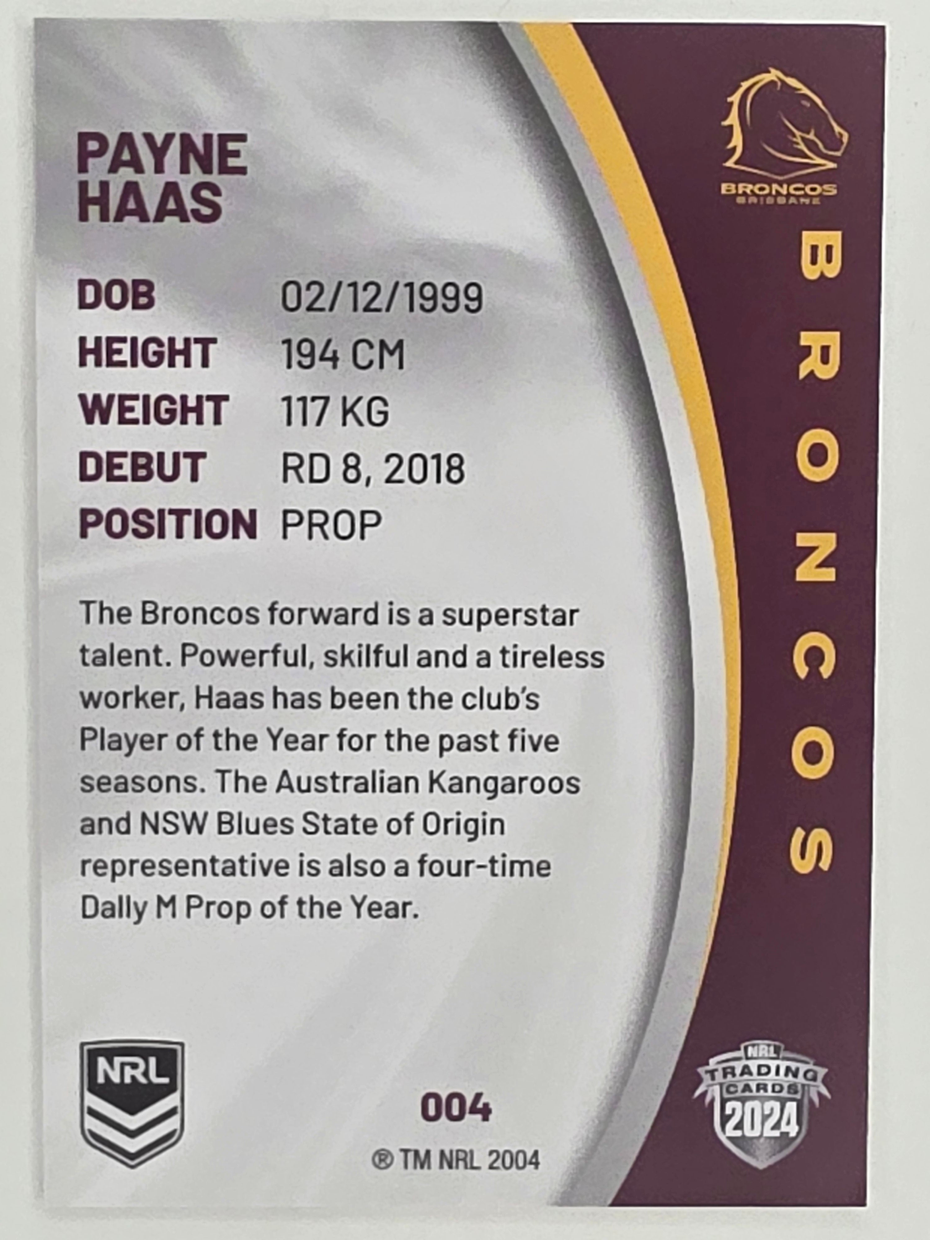 NRL 2024 Elite Base Card #004 Payne Haas Brisbane Broncos