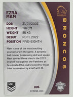 NRL 2024 Elite Base Card #005 Ezra Mam Brisbane Broncos