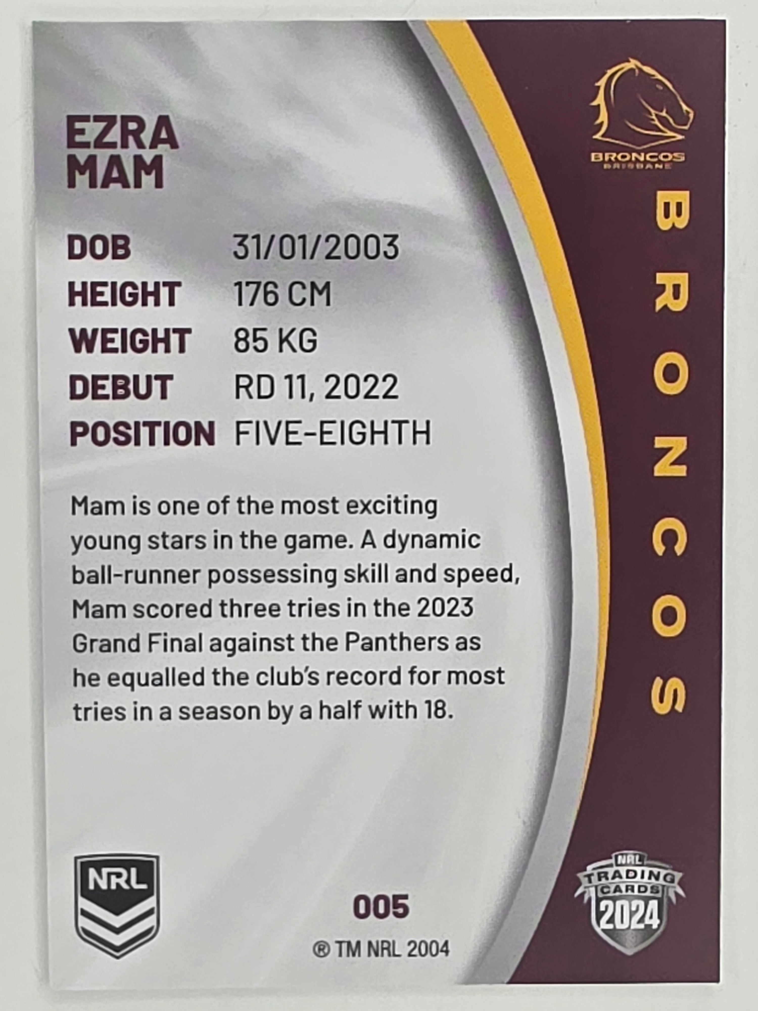 NRL 2024 Elite Base Card #005 Ezra Mam Brisbane Broncos