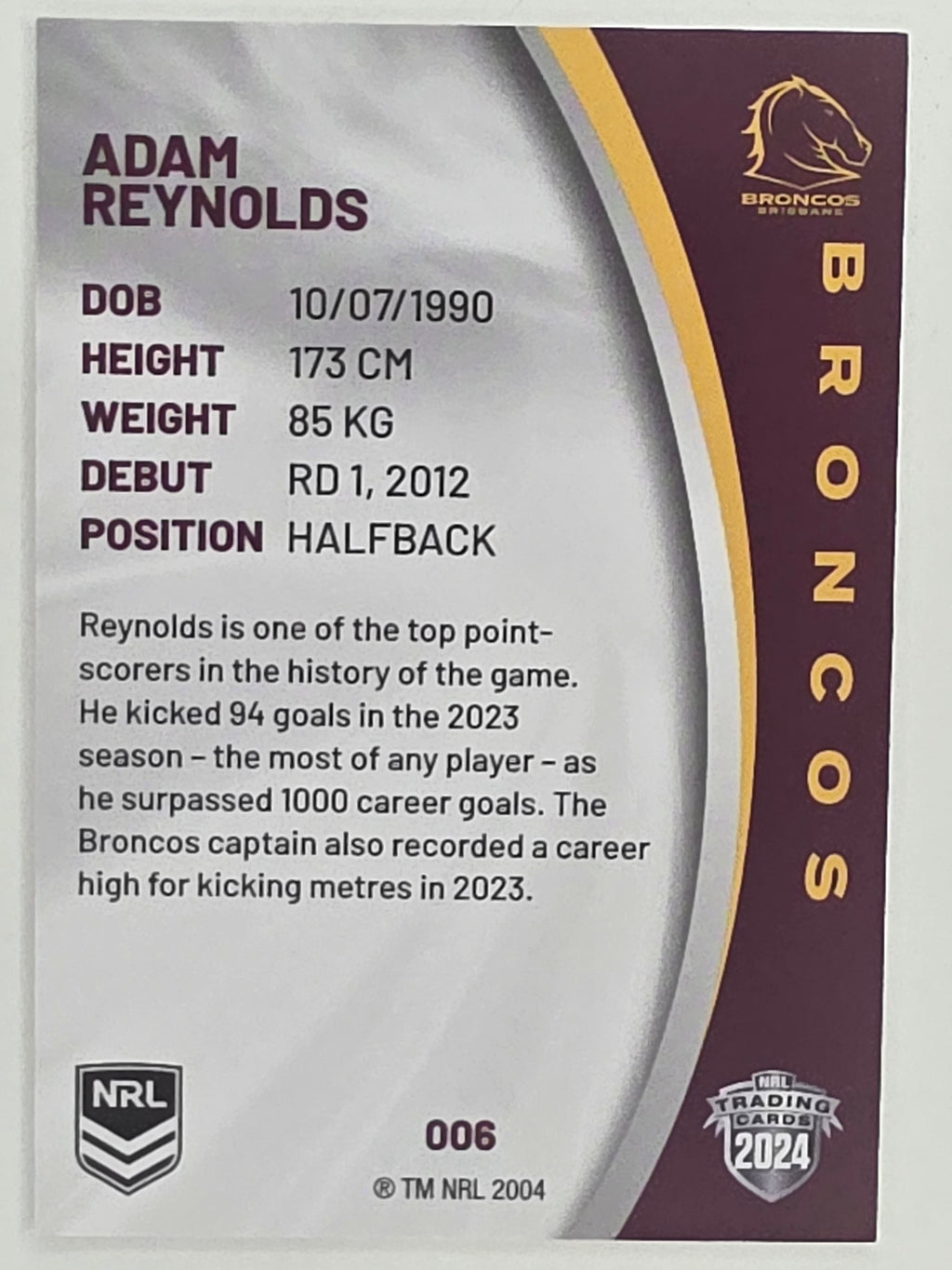 NRL 2024 Elite Base Card #006 Adam Reynolds Brisbane Broncos