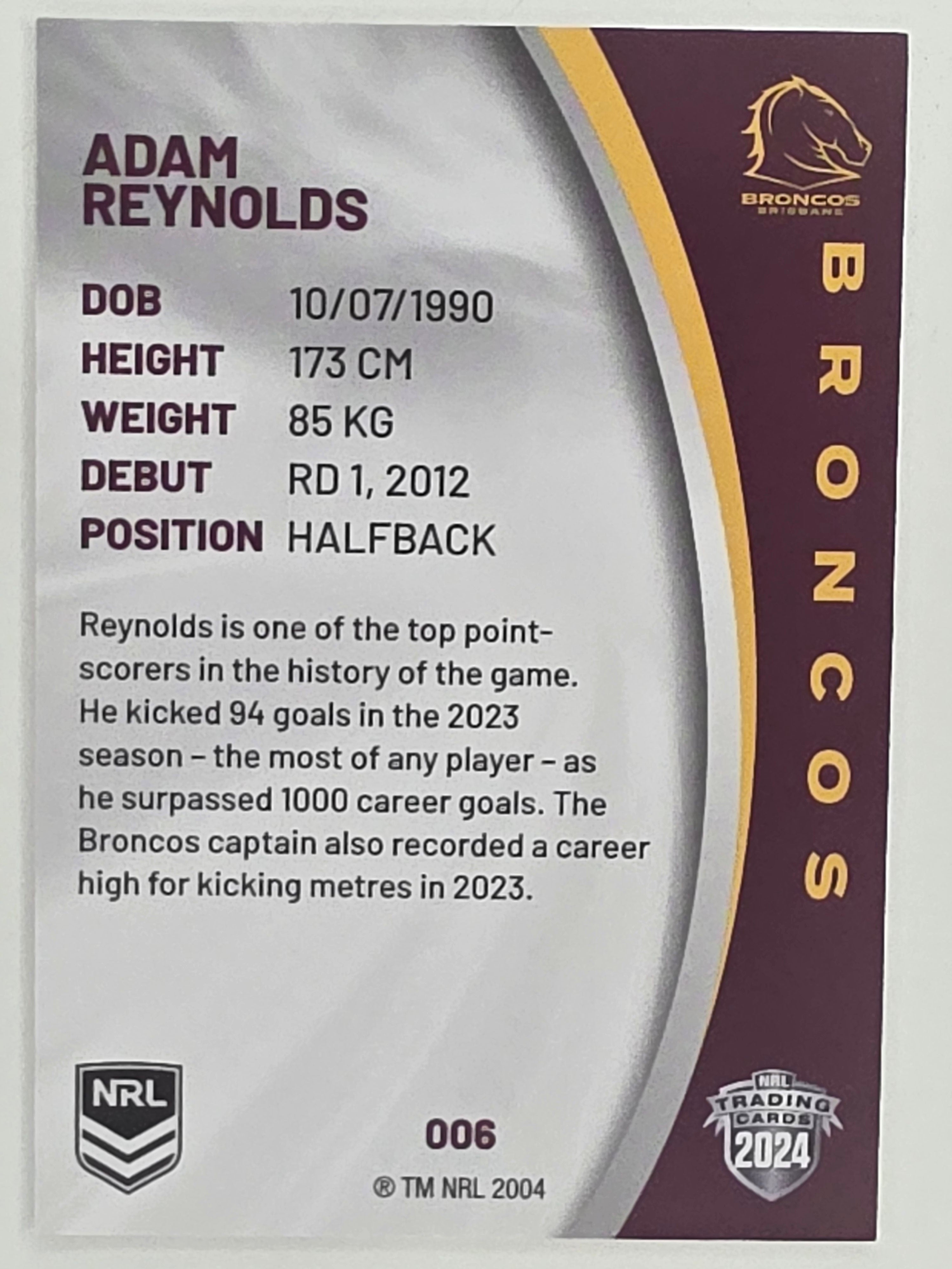NRL 2024 Elite Base Card #006 Adam Reynolds Brisbane Broncos