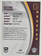 NRL 2024 Elite Base Card #007 Kotoni Staggs Brisbane Broncos