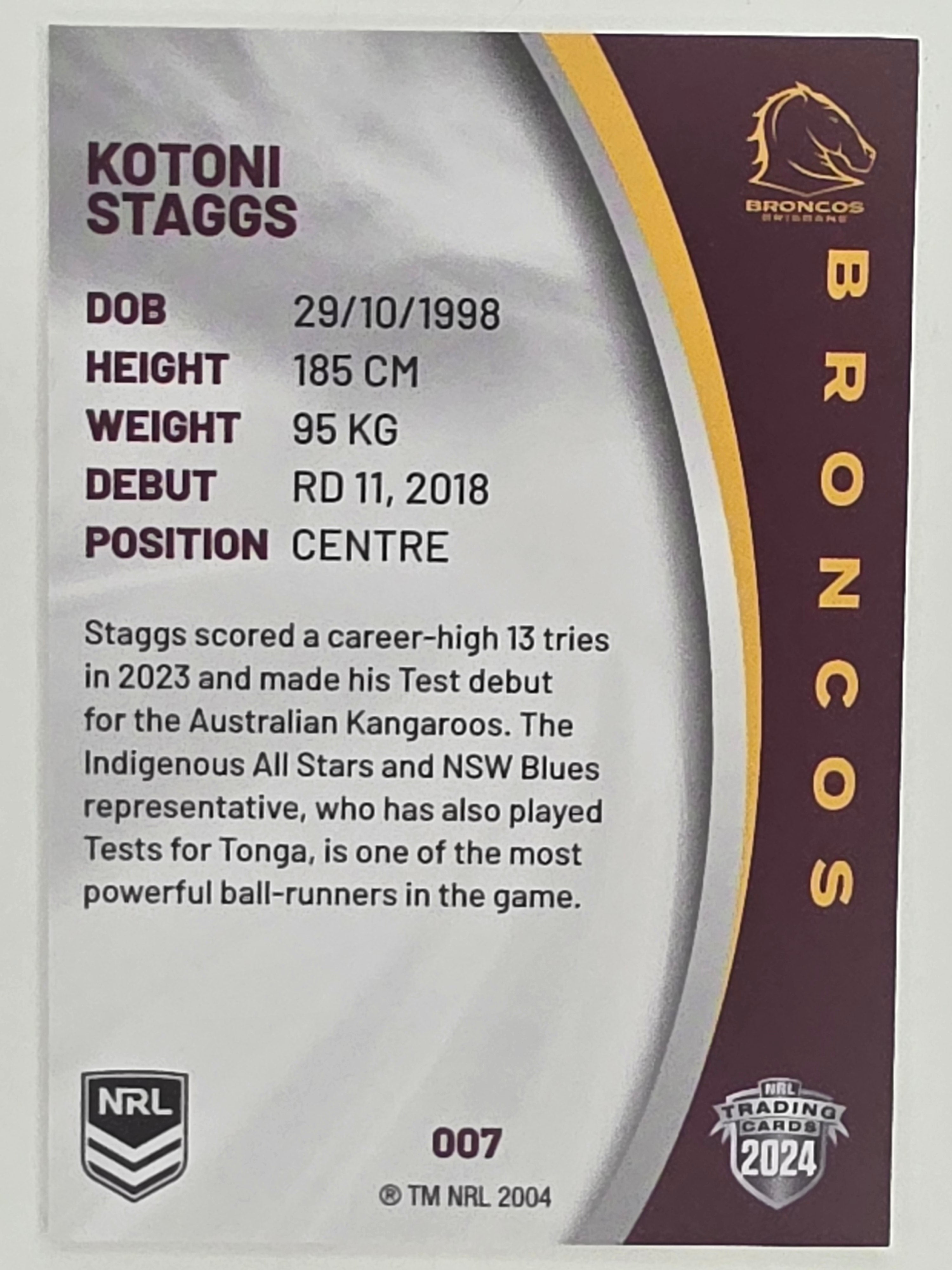 NRL 2024 Elite Base Card #007 Kotoni Staggs Brisbane Broncos