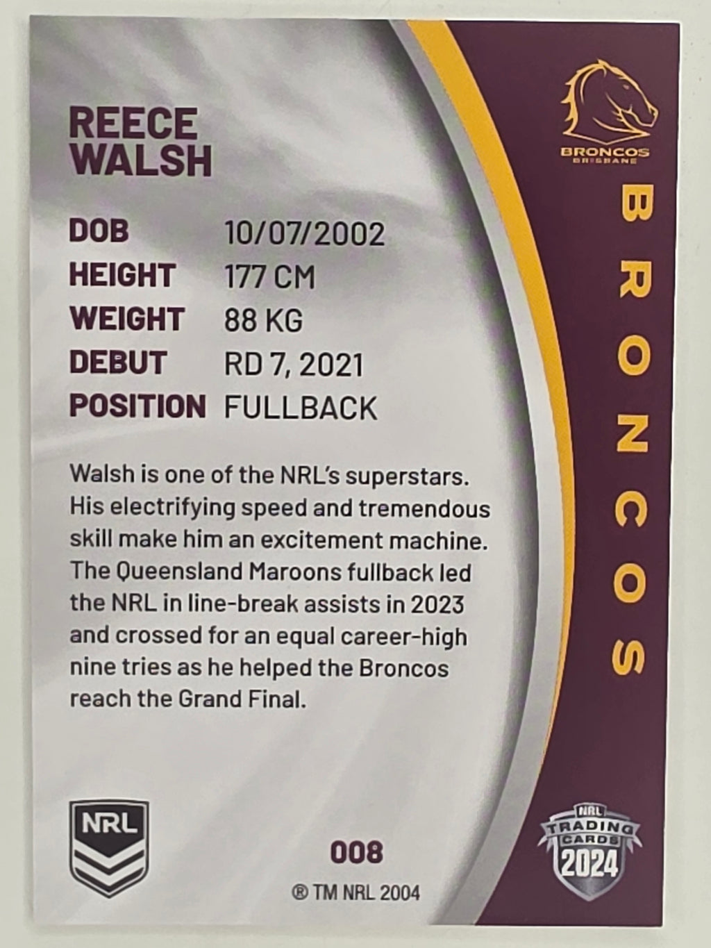 NRL 2024 Elite Base Card #008 Reece Walsh Brisbane Broncos