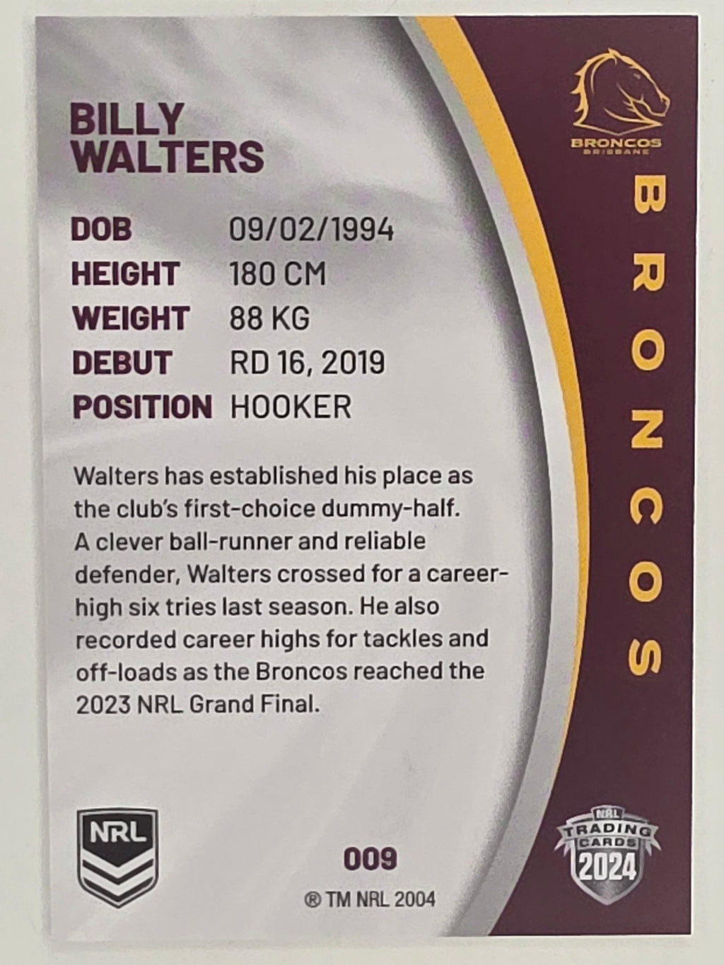 NRL 2024 Elite Base Card #009 Billy Walters Brisbane Broncos