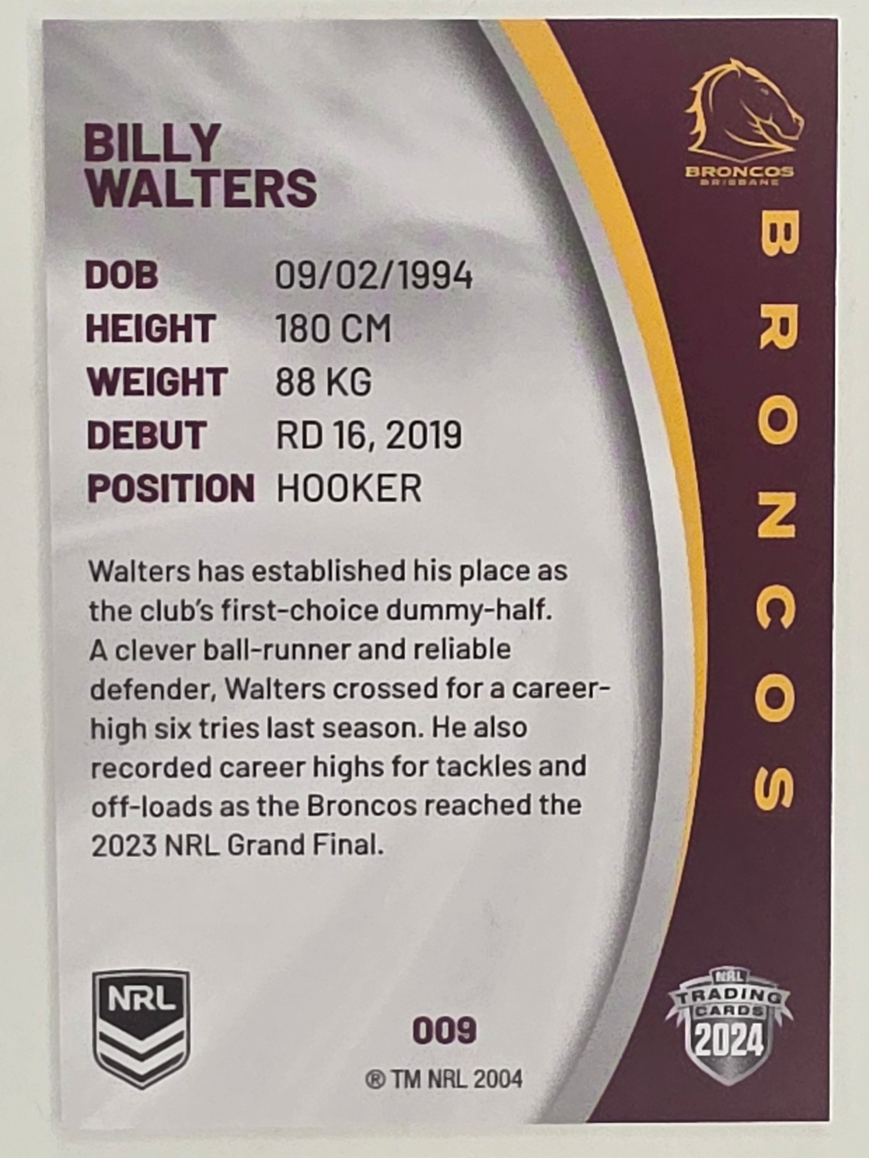 NRL 2024 Elite Base Card #009 Billy Walters Brisbane Broncos