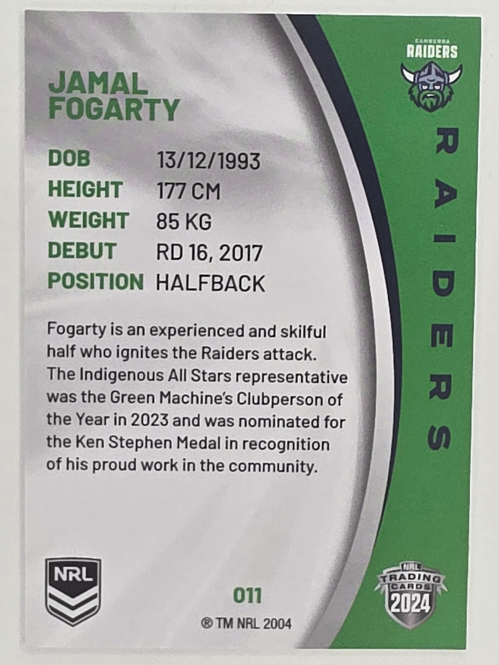 NRL 2024 Elite Base Card #011 Jamal Fogarty Canberra Raiders