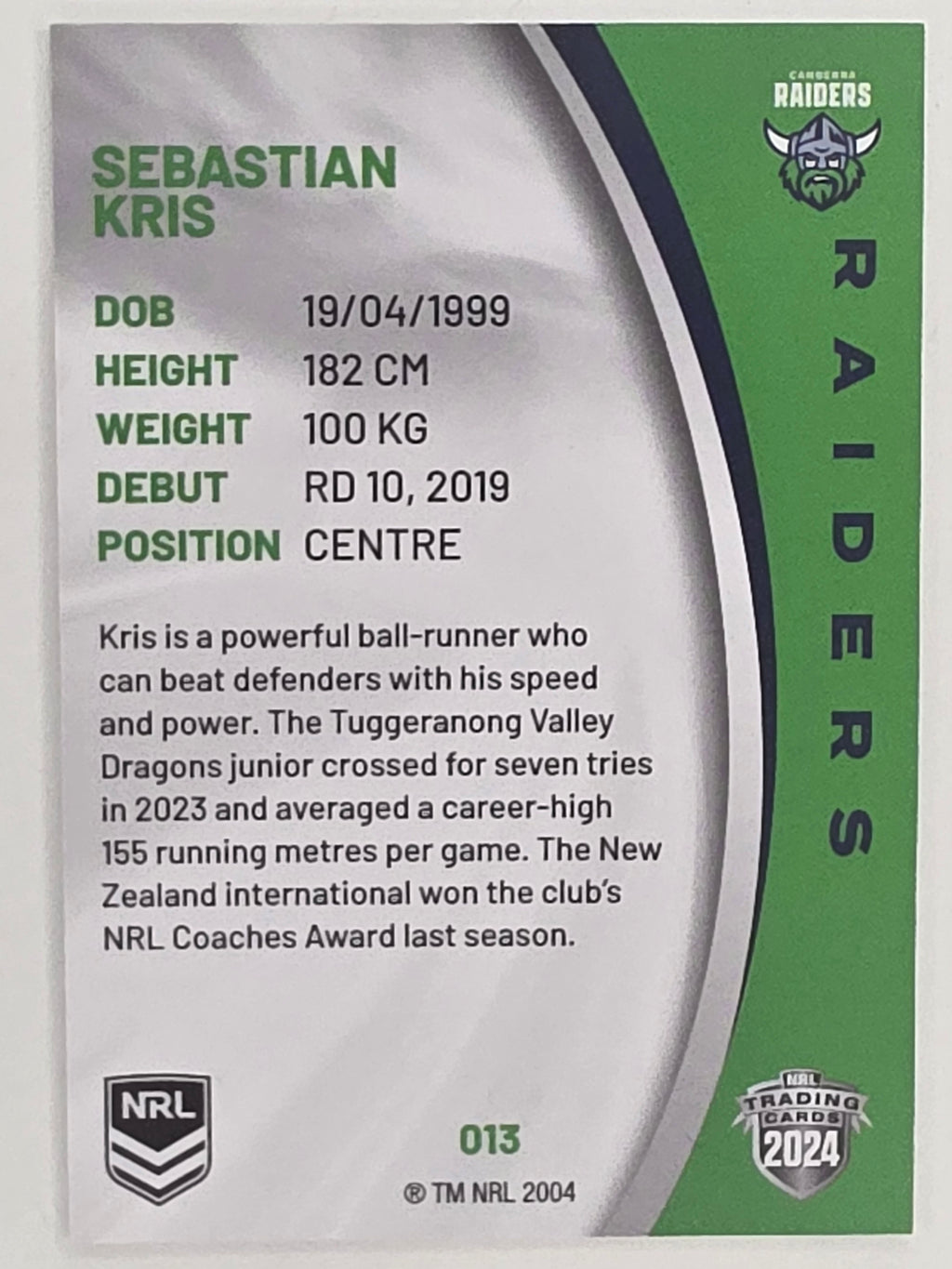 NRL 2024 Elite Base Card #013 Sebastian Kris Canberra Raiders