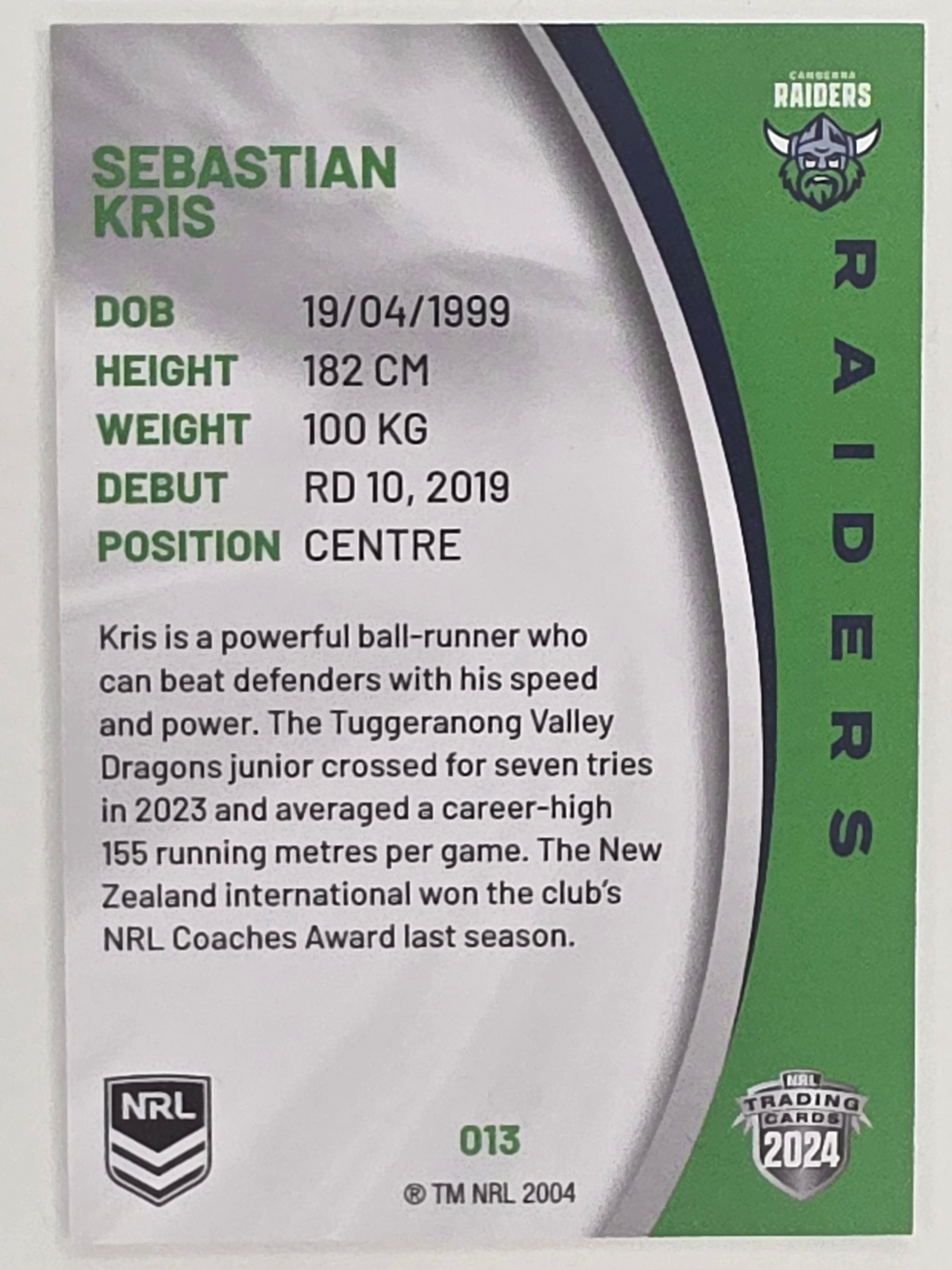 NRL 2024 Elite Base Card #013 Sebastian Kris Canberra Raiders