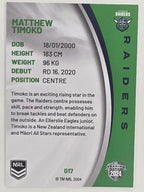 NRL 2024 Elite Base Card #017 Matthew Timoko Canberra Raiders