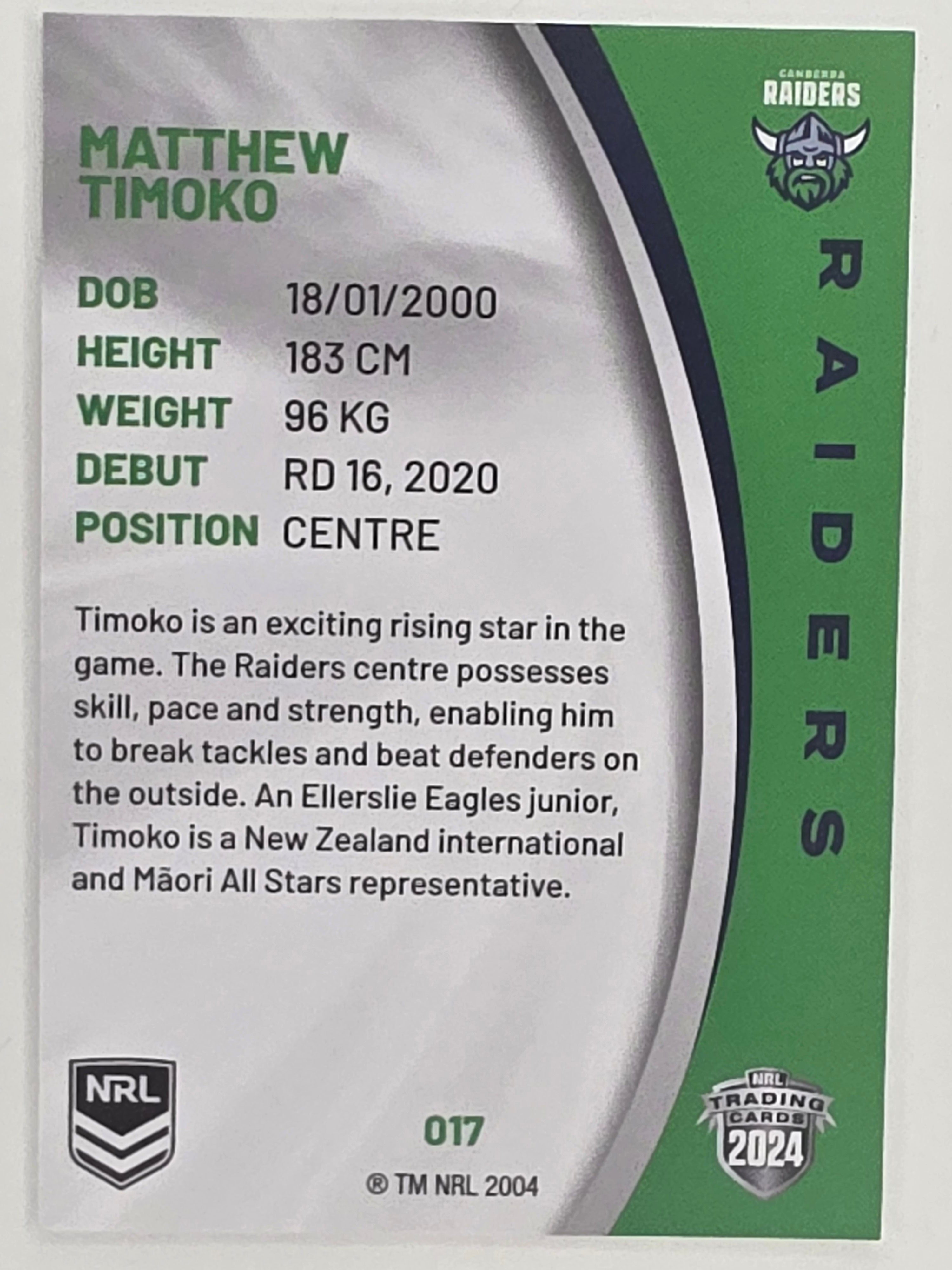 NRL 2024 Elite Base Card #017 Matthew Timoko Canberra Raiders