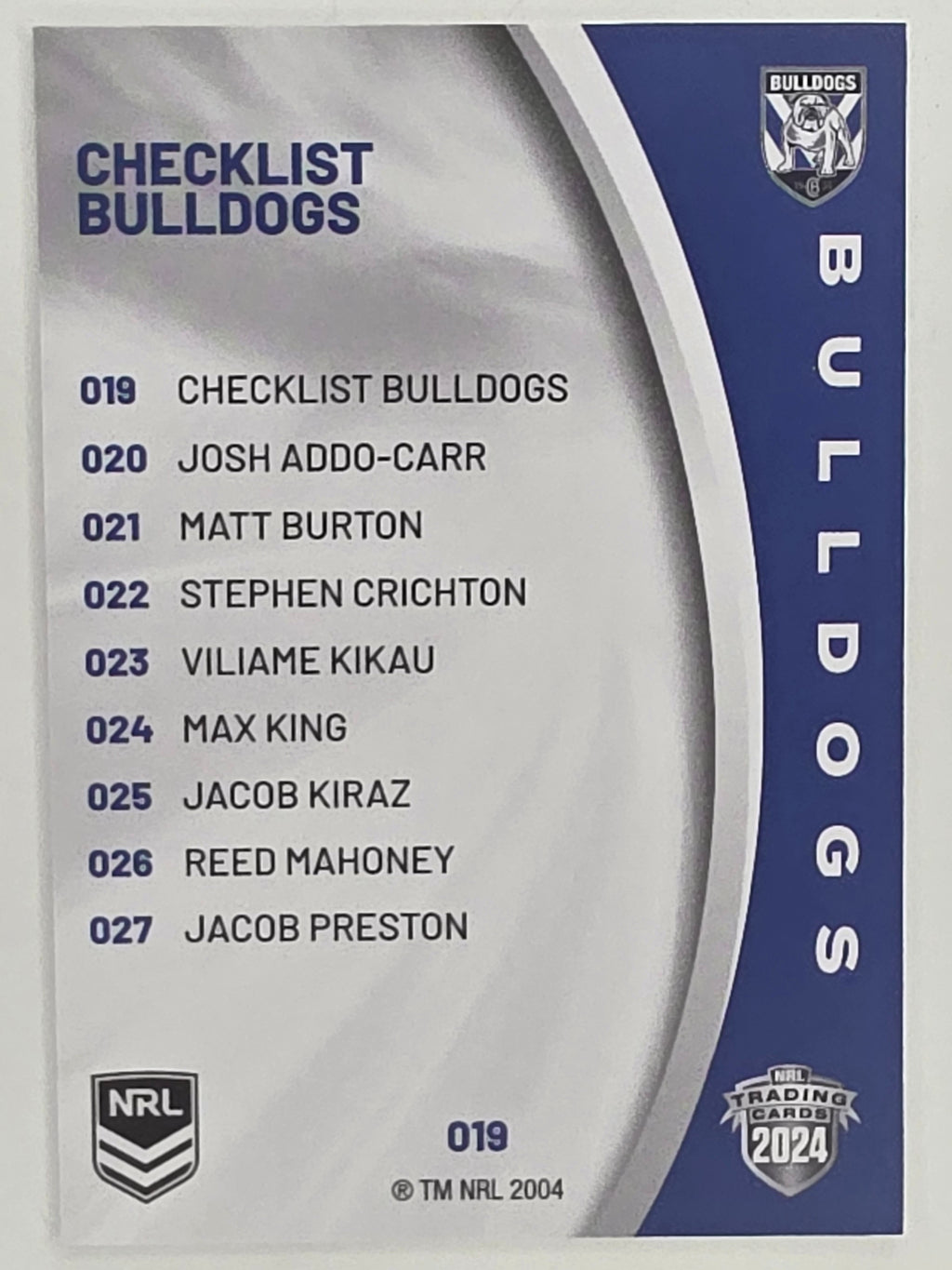 NRL 2024 Elite Base Card #019 Bulldogs Checklist Canterbury Bankstown Bulldogs
