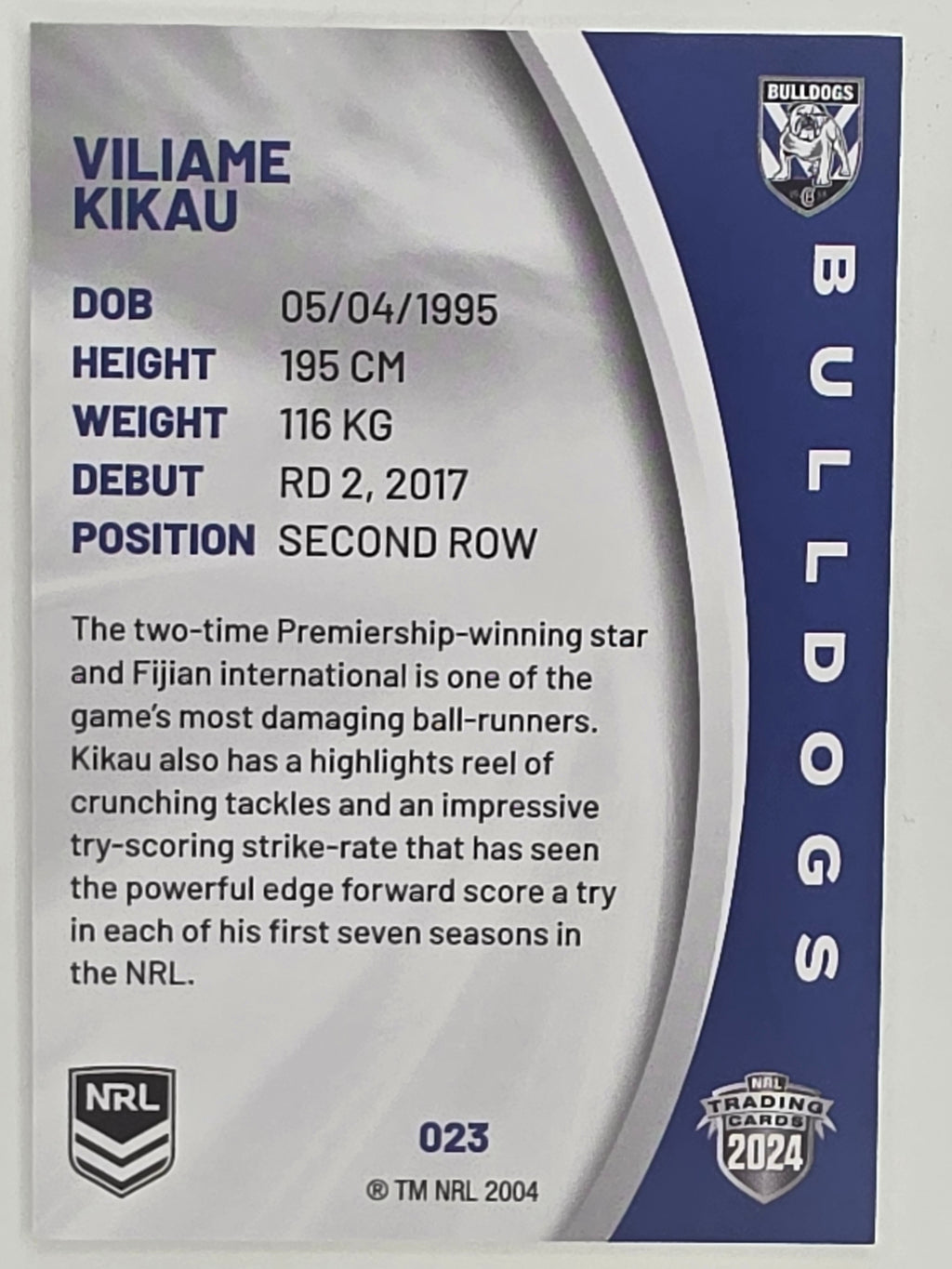 NRL 2024 Elite Base Card #023 Viliame Kikau Canterbury Bankstown Bulldogs