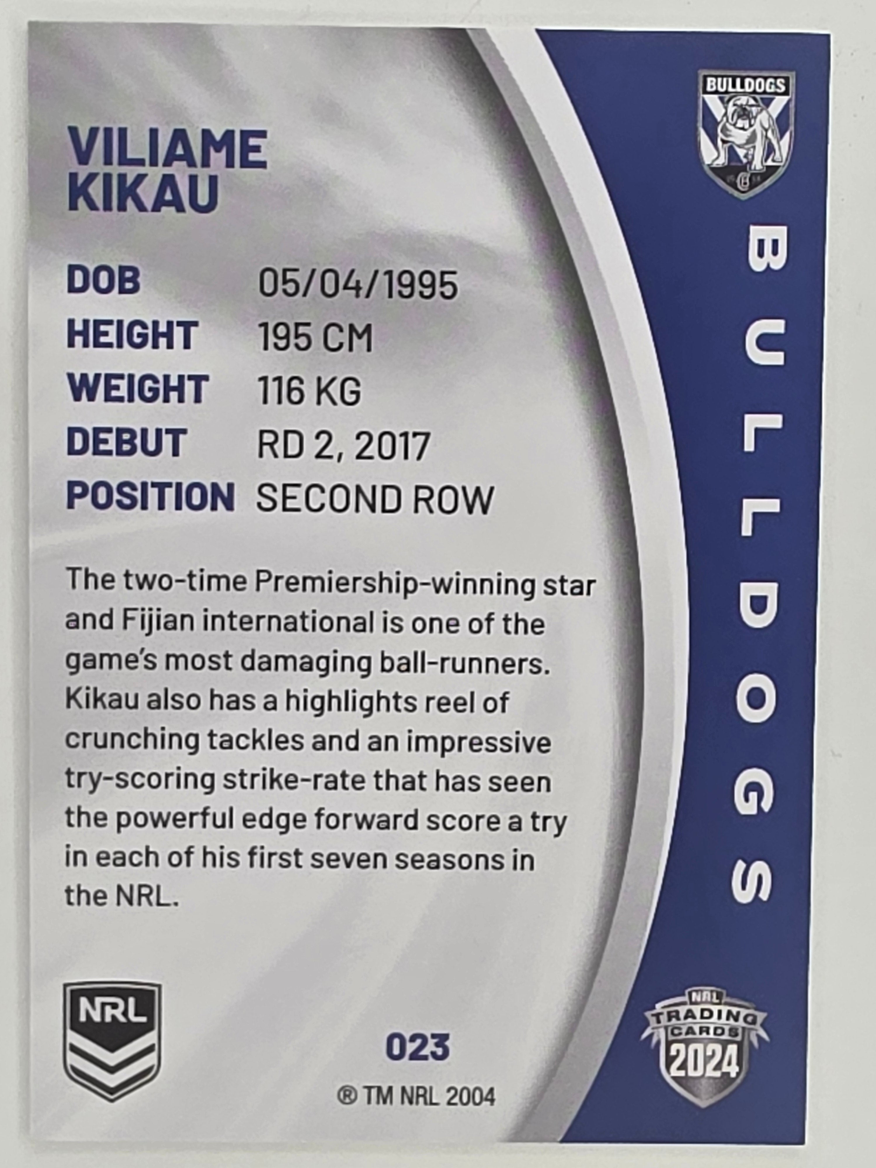 NRL 2024 Elite Base Card #023 Viliame Kikau Canterbury Bankstown Bulldogs