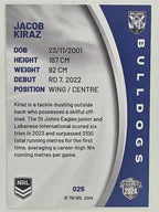 NRL 2024 Elite Base Card #025 Jacob Kiraz Canterbury Bankstown Bulldogs
