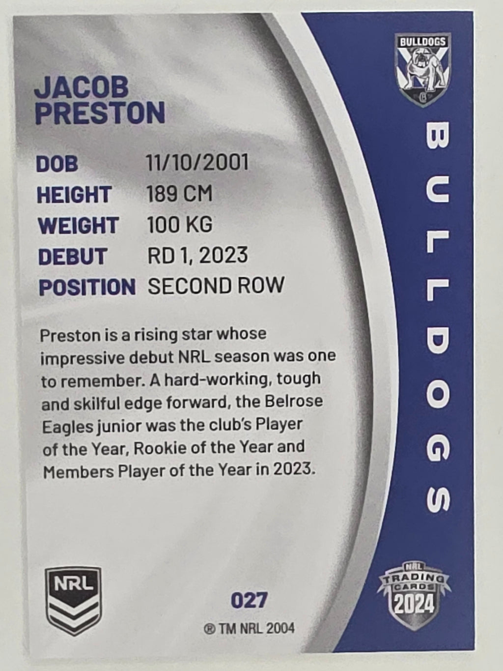NRL 2024 Elite Base Card #027 Jacob Preston Canterbury Bankstown Bulldogs