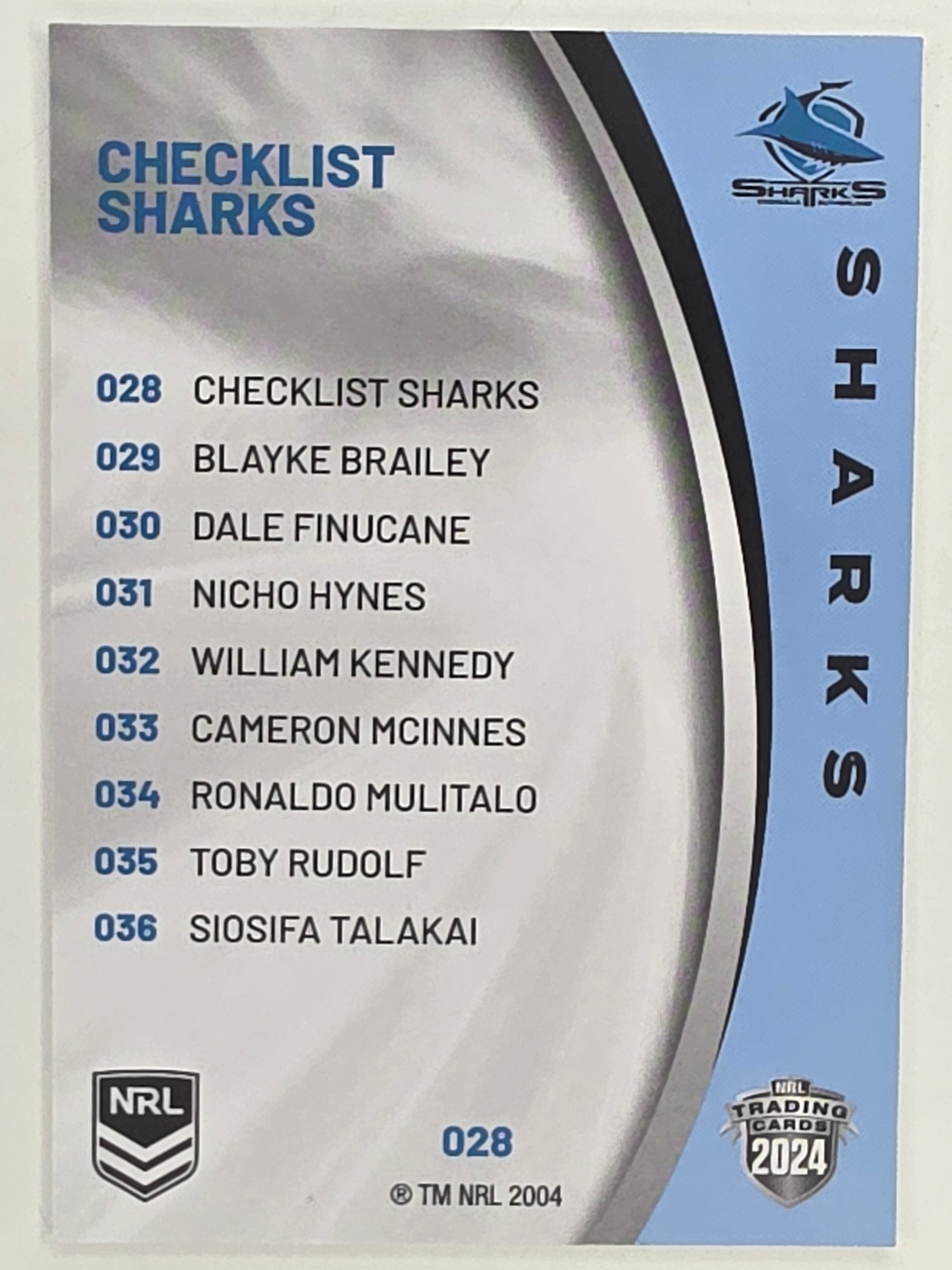 NRL 2024 Elite Base Card #028 Sharks Checklist Cronulla Sutherland Sharks