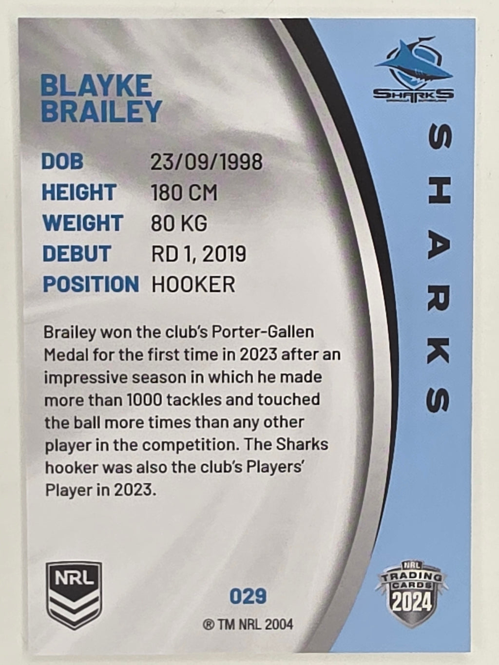 NRL 2024 Elite Base Card #029 Blayke Brailey Cronulla Sutherland Sharks
