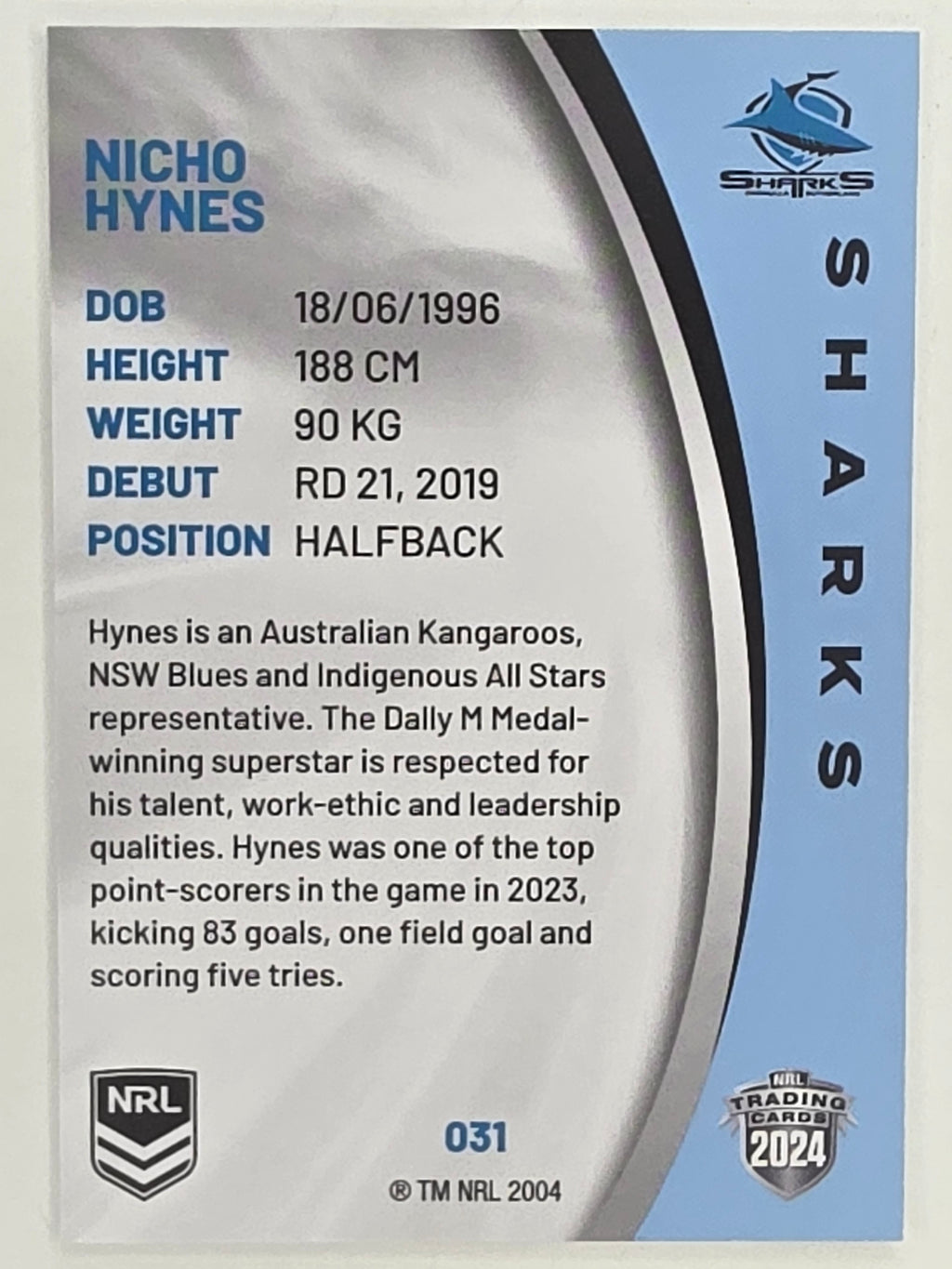 NRL 2024 Elite Base Card #031 Nicho Hynes Cronulla Sutherland Sharks