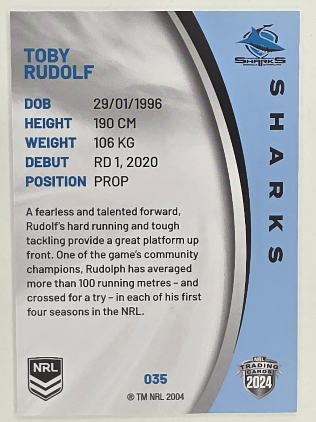 NRL 2024 Elite Base Card #035 Toby Rudolf Cronulla Sutherland Sharks