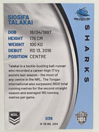 NRL 2024 Elite Base Card #036 Siosifa Talakai Cronulla Sutherland Sharks
