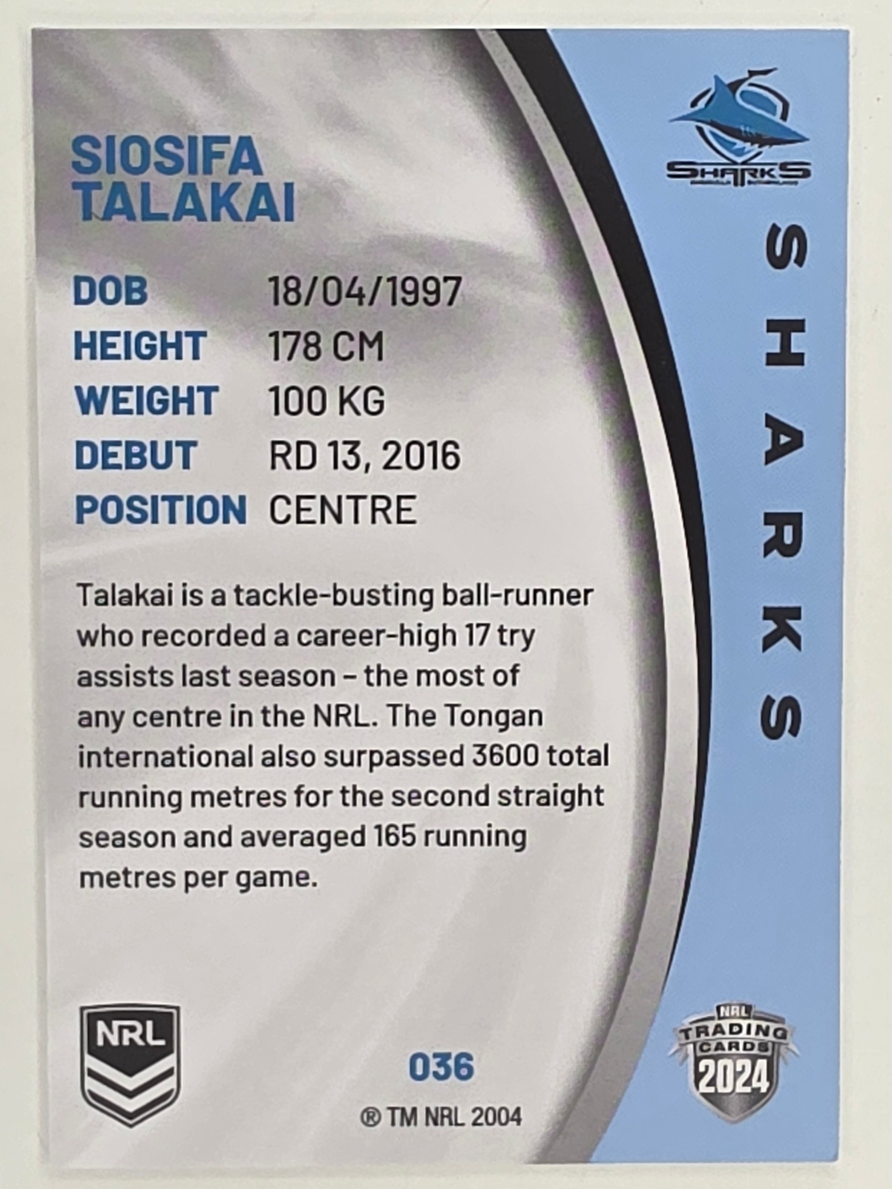 NRL 2024 Elite Base Card #036 Siosifa Talakai Cronulla Sutherland Sharks