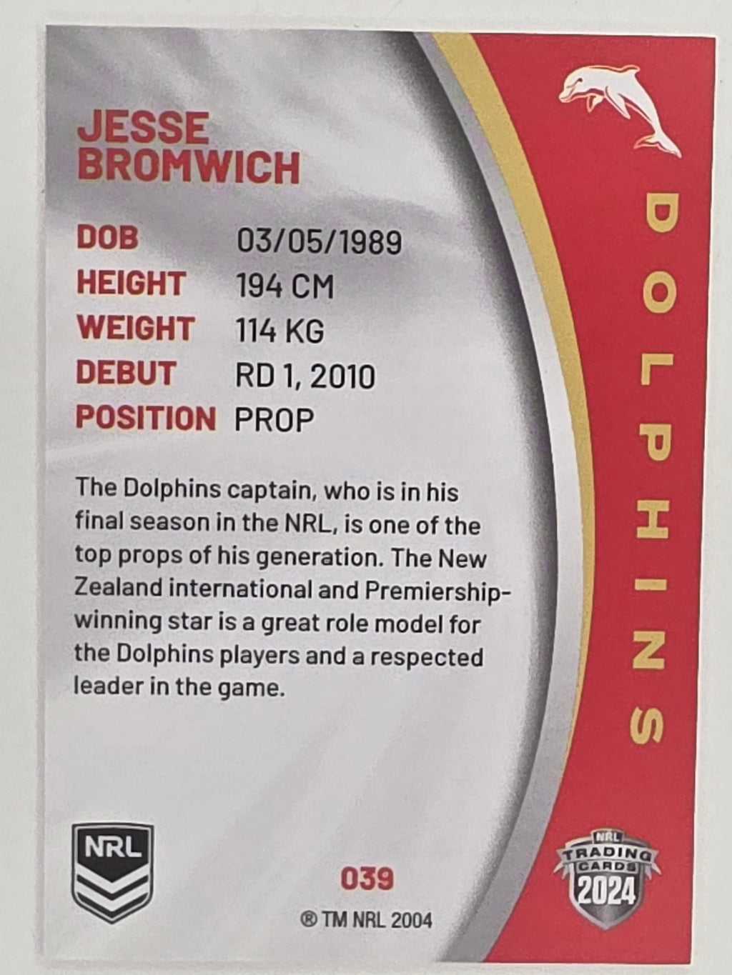 NRL 2024 Elite Base Card #039 Jesse Bromwich Redcliffe Dolphins
