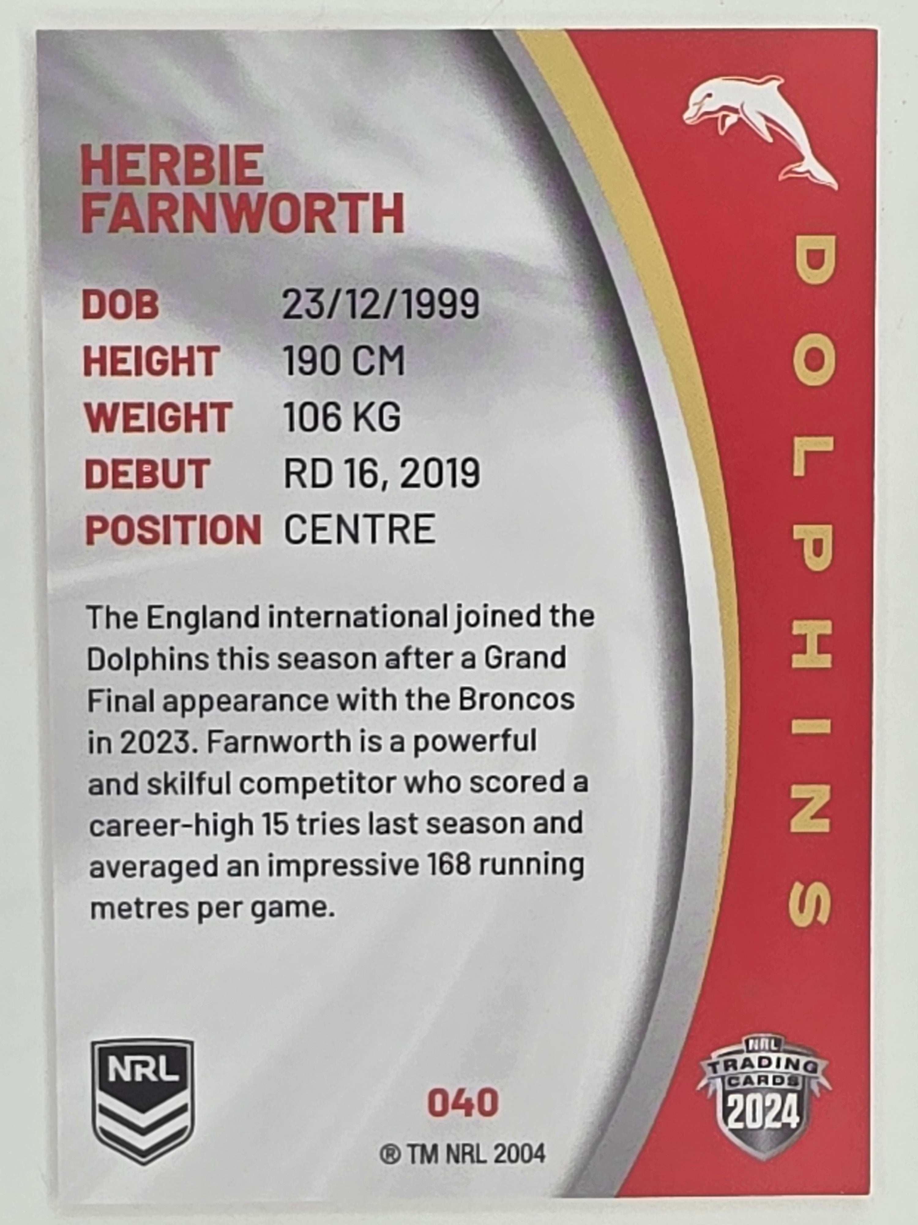 NRL 2024 Elite Base Card #040 Herbie Farnworth Redcliffe Dolphins