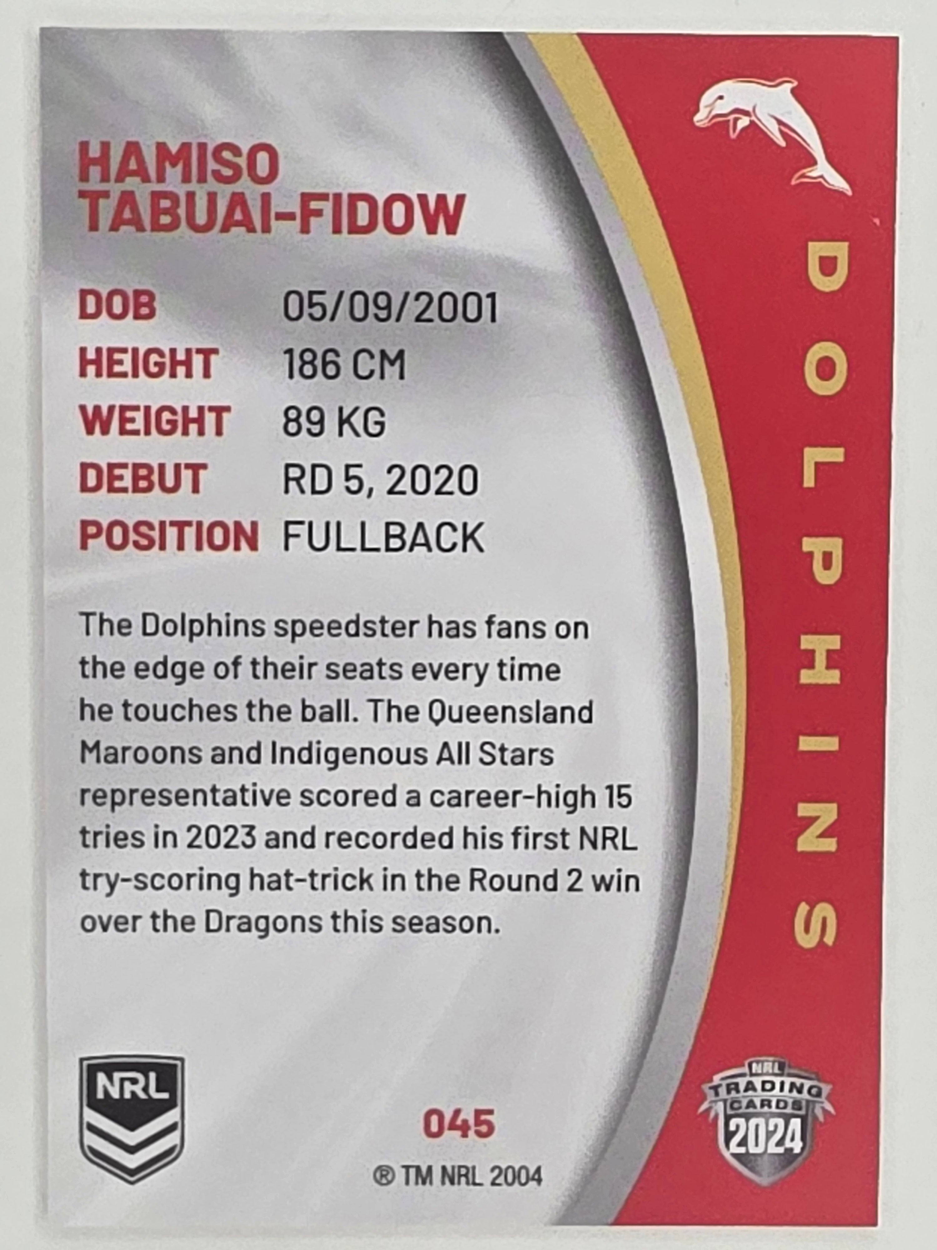 NRL 2024 Elite Base Card #045 Hamiso Tabuai-Fidow Redcliffe Dolphins