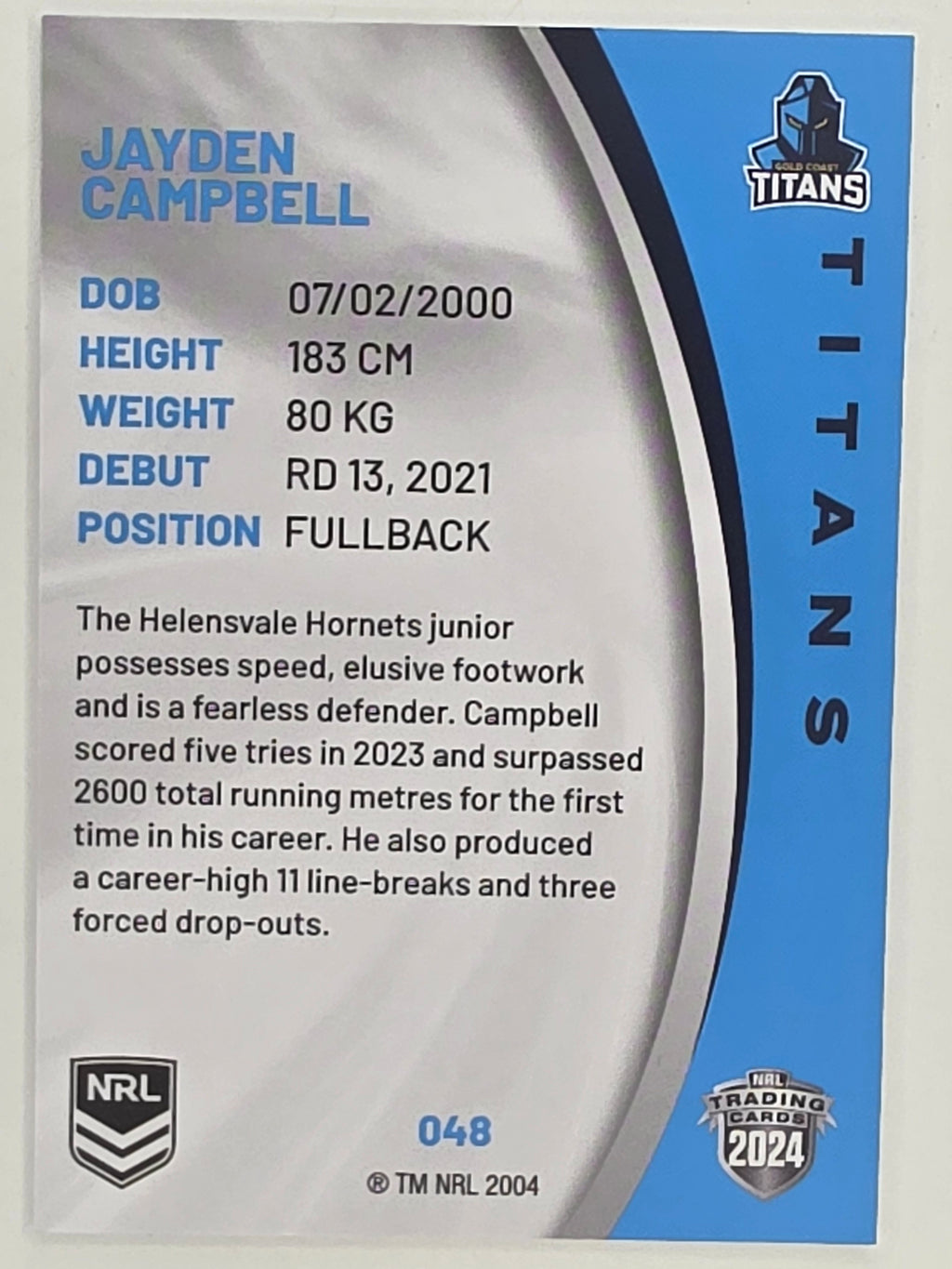 NRL 2024 Elite Base Card #048 Jayden Campbell Gold Coast Titans