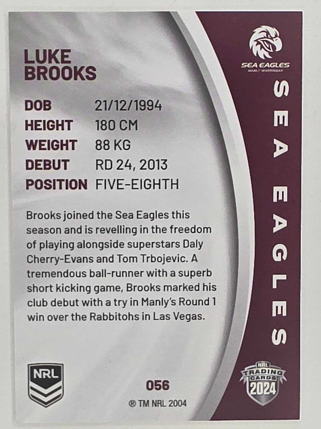 NRL 2024 Elite Base Card #056 Luke Brooks Manly Warringah Sea Eagles