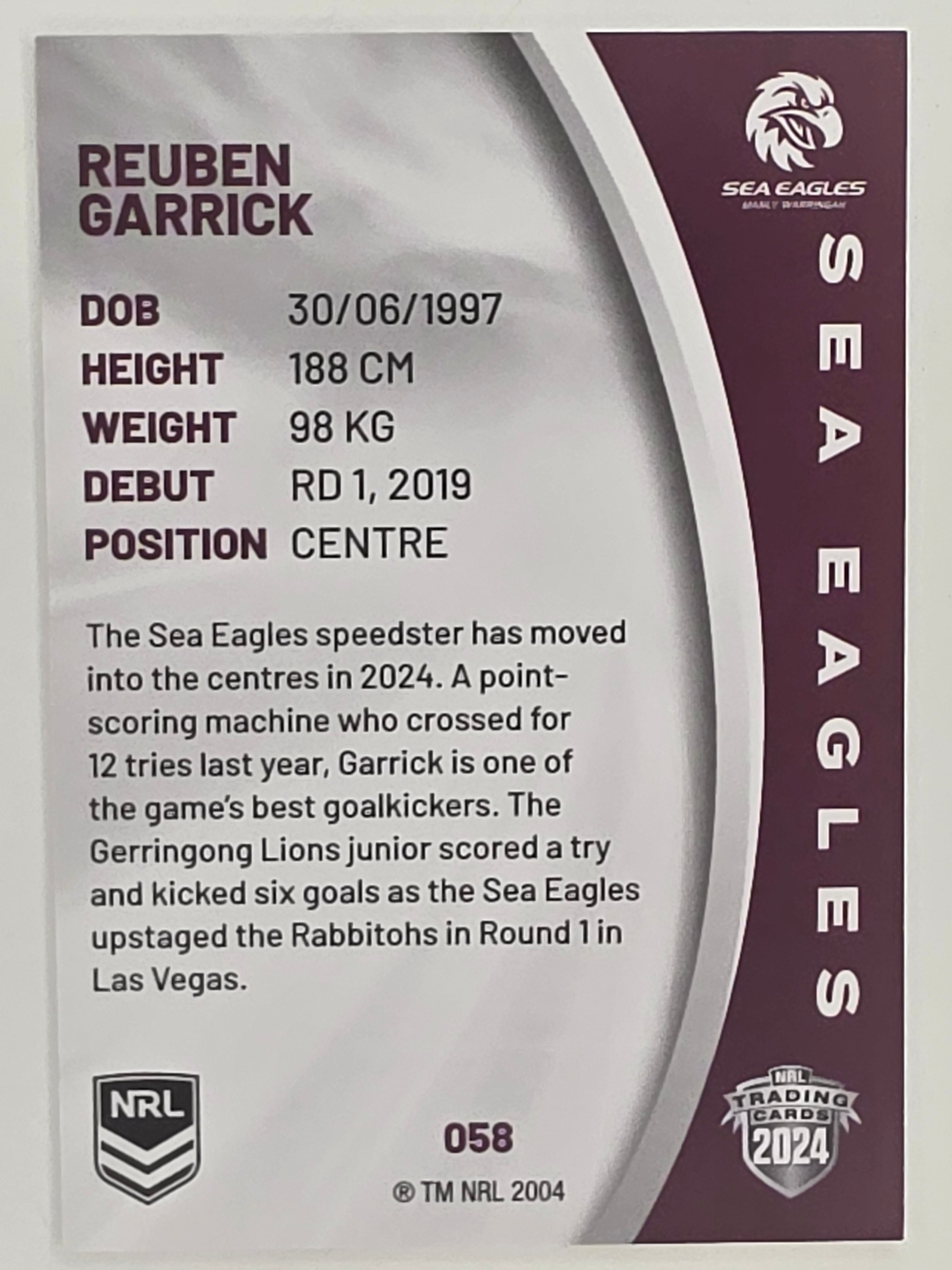 NRL 2024 Elite Base Card #058 Reuben Garrick Manly Warringah Sea Eagles