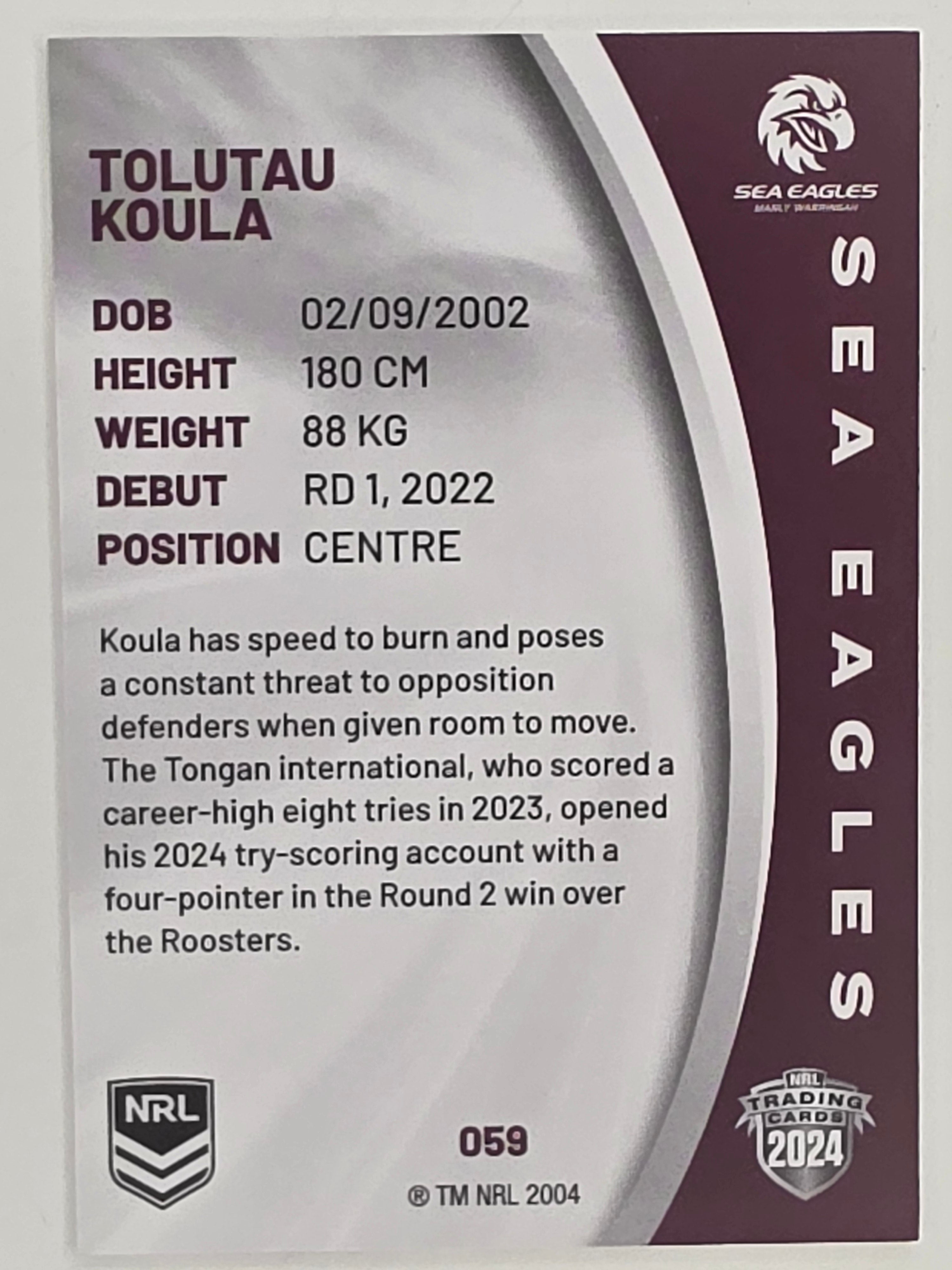 NRL 2024 Elite Base Card #059 Tolutau Koula Manly Warringah Sea Eagles