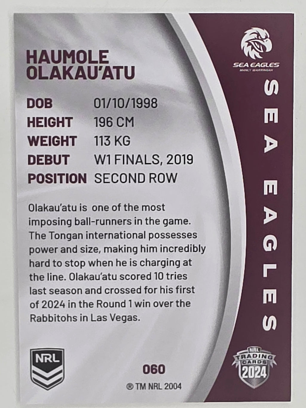 NRL 2024 Elite Base Card #060 Haumole Olakau’atu Manly Warringah Sea Eagles