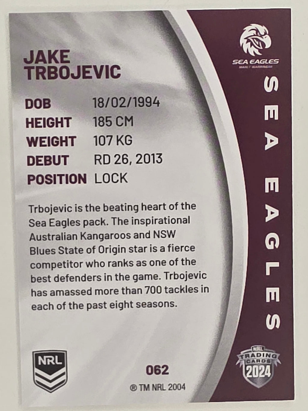 NRL 2024 Elite Base Card #062 Jake Trbojevic Manly Warringah Sea Eagles