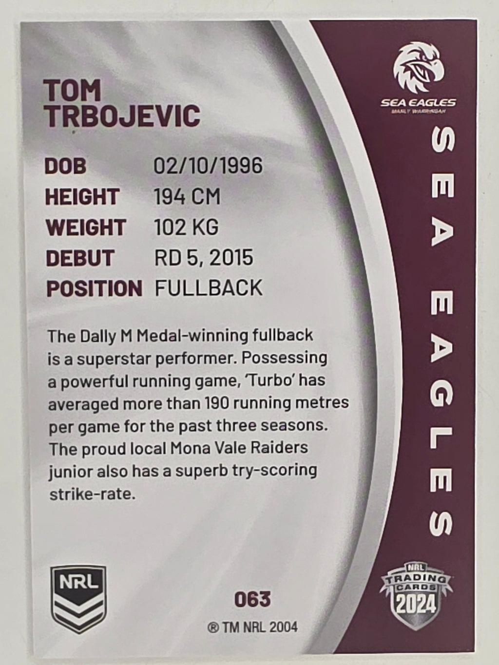 NRL 2024 Elite Base Card #063 Tom Trbojevic Manly Warringah Sea Eagles