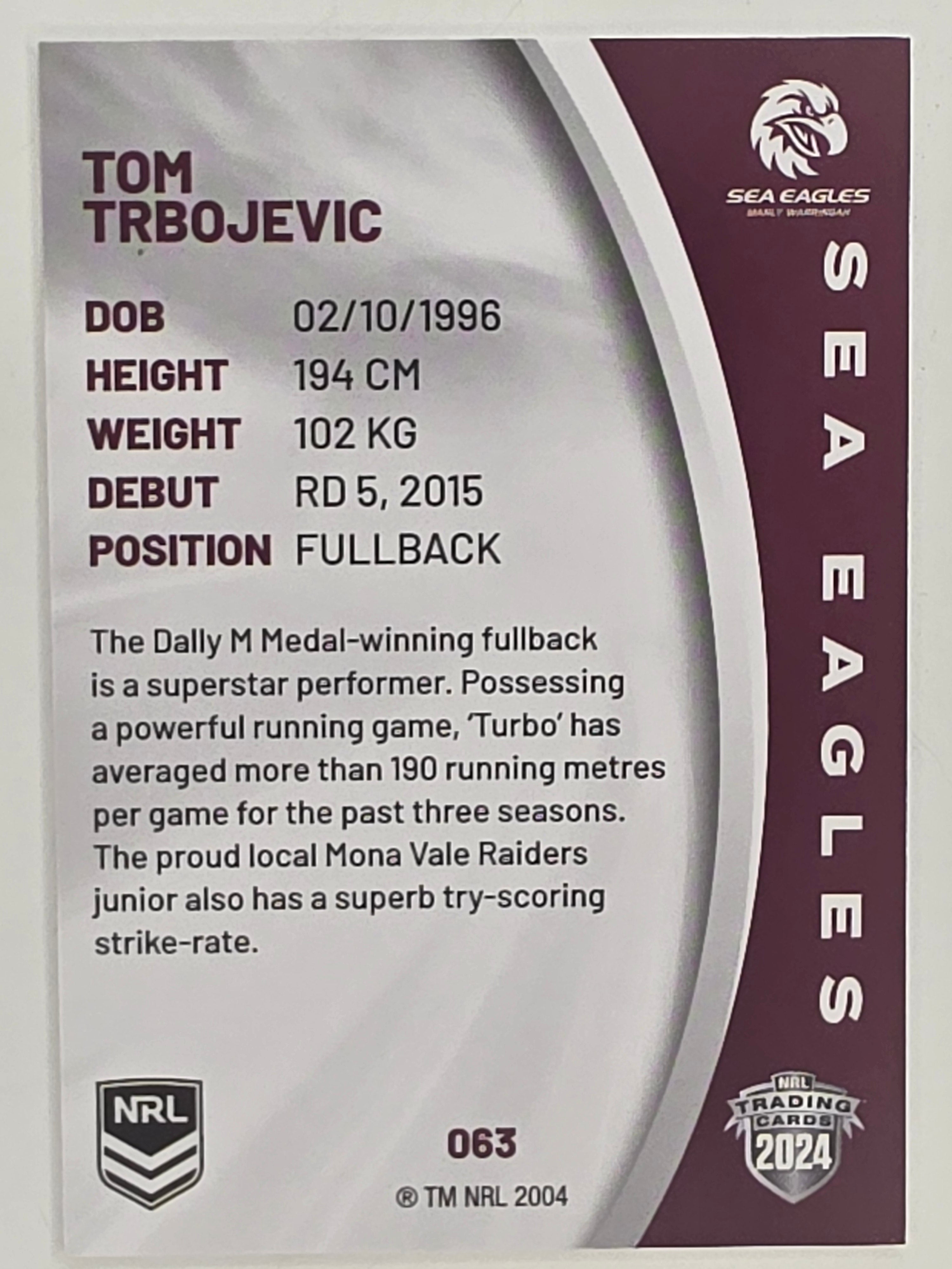 NRL 2024 Elite Base Card #063 Tom Trbojevic Manly Warringah Sea Eagles