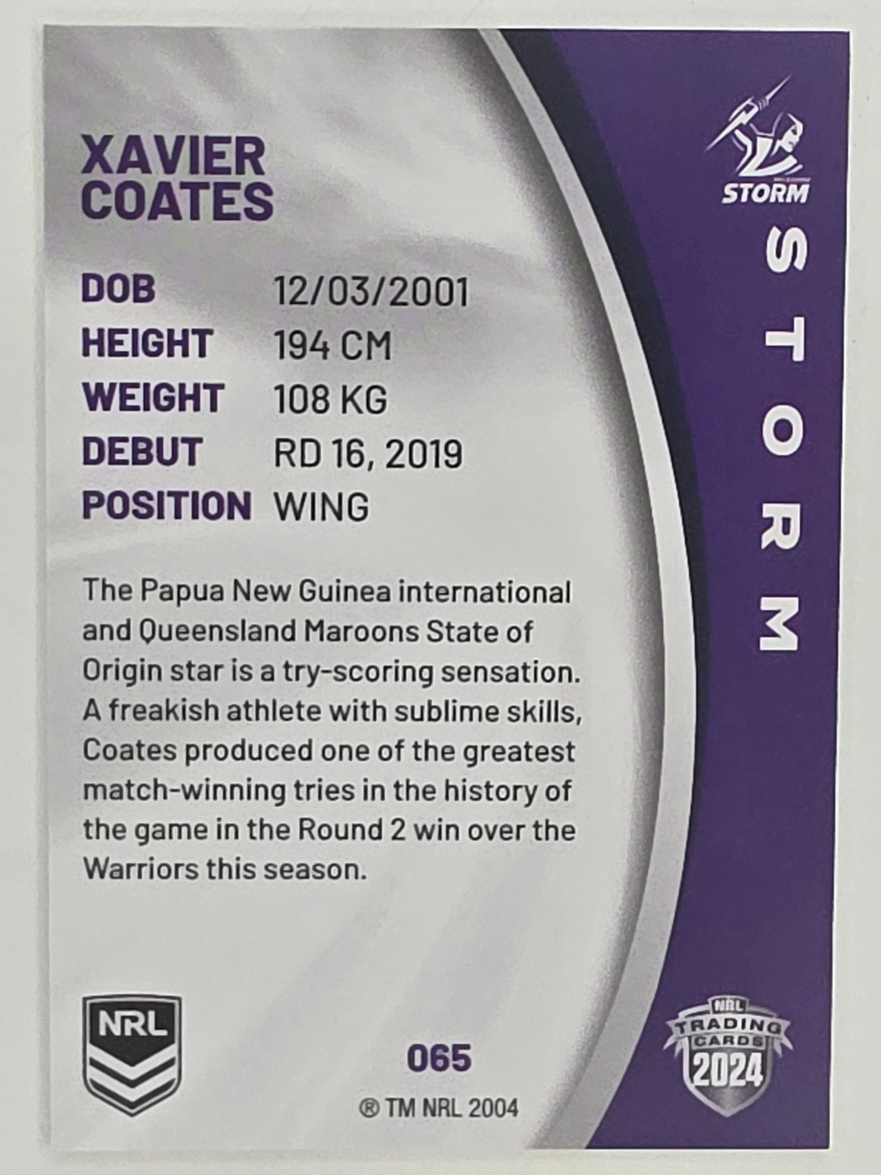 NRL 2024 Elite Base Card #065 Xavier Coates Melbourne Storm